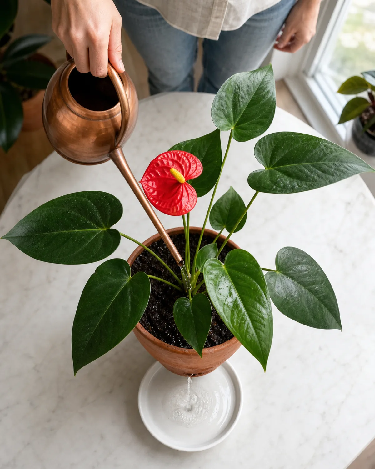Overhead view of hands watering an anthurium in a terracotta pot, water dripping from the drainage hole into a saucer below, dark moist soil visible