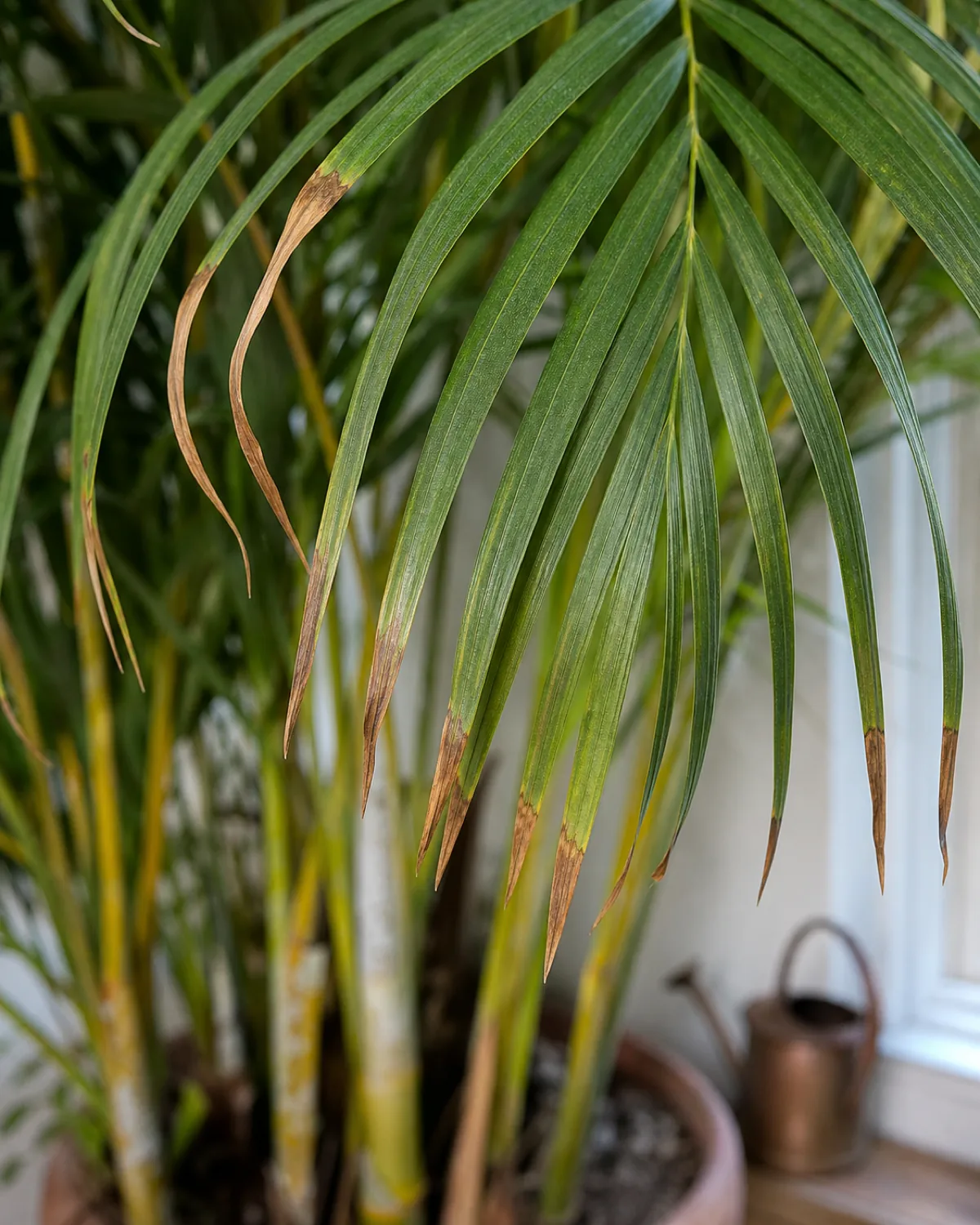 Several areca palm frond leaflet tips showing browned, crispy, dried edges against otherwise green healthy leaflets