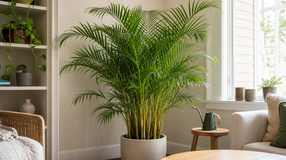 A full, healthy areca palm with dense gold-ringed clustered canes and feathery fronds in a bright living room corner