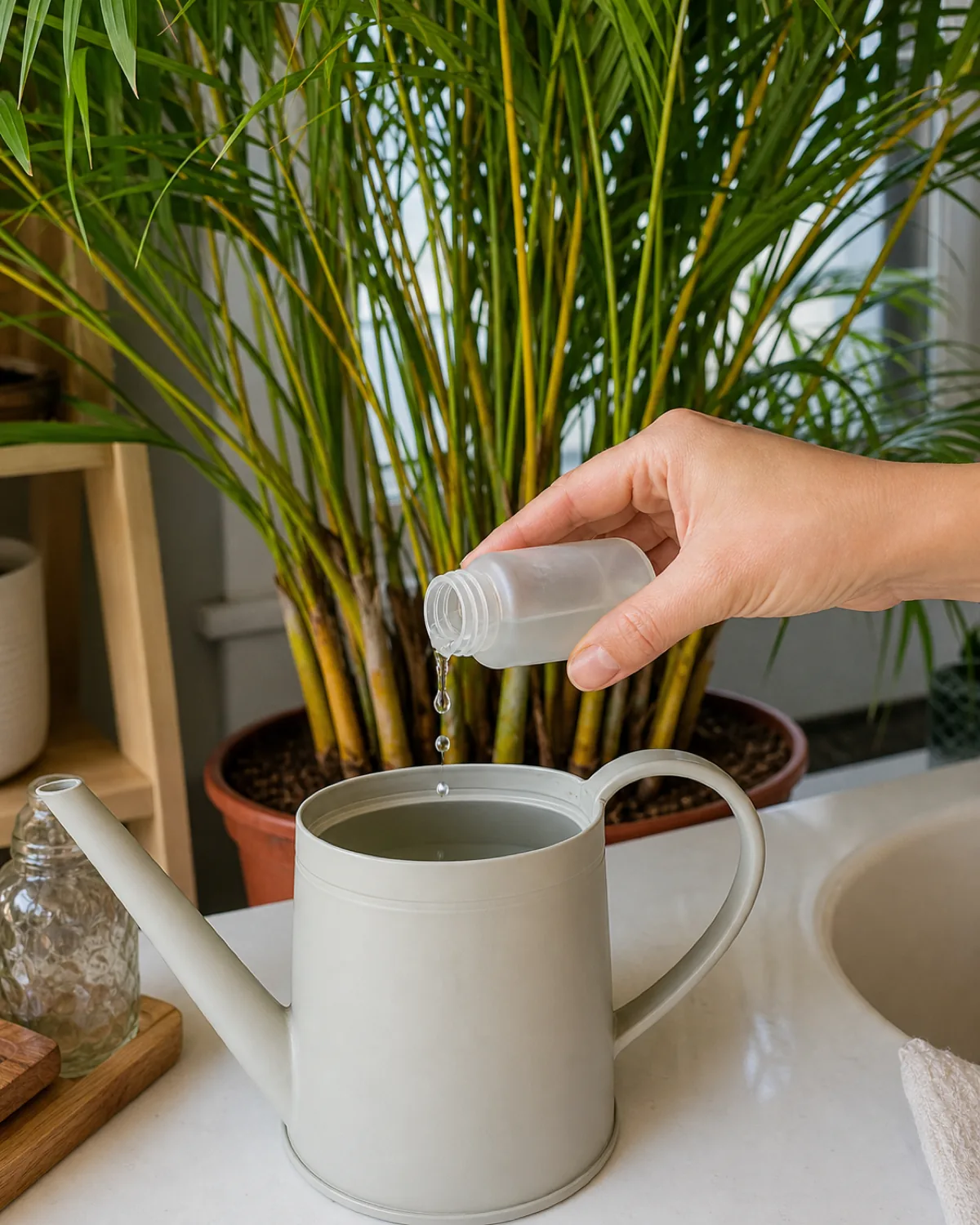 A hand pouring a few drops of liquid fertilizer from a small unbranded bottle into a generic watering can