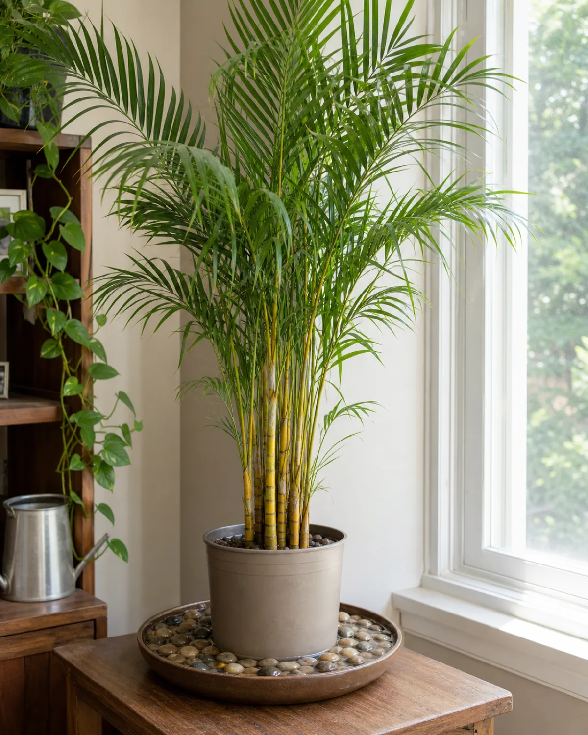 An areca palm in its pot sitting on a shallow tray filled with pebbles and a little water for humidity