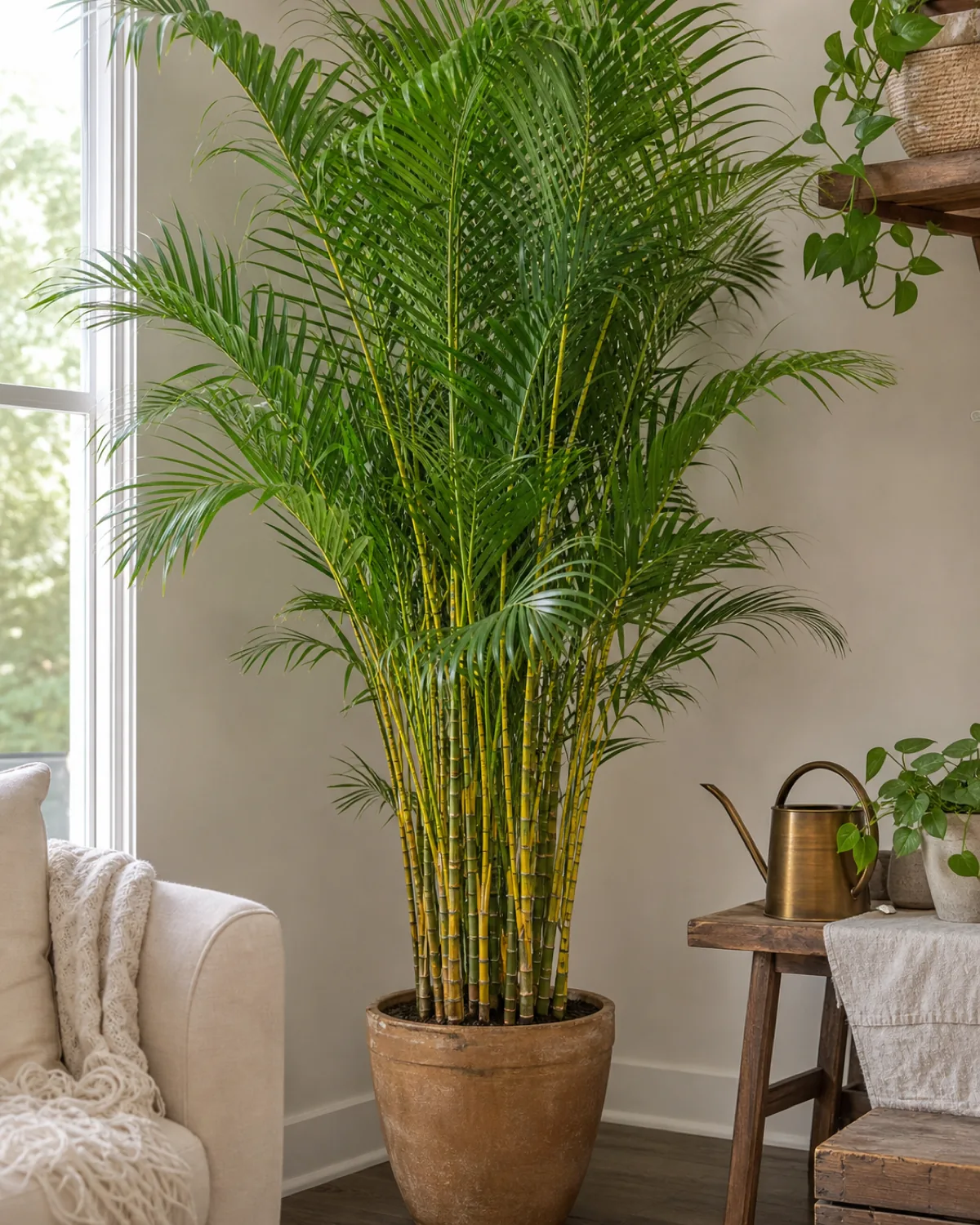 A close full-plant view of an areca palm showing its many slender gold-ringed clustered canes and feathery arching fronds