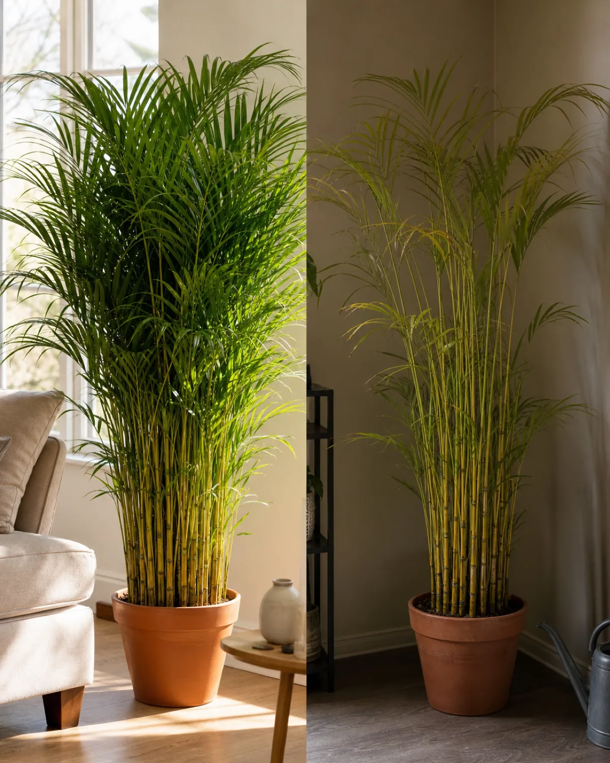 Split scene of the same areca palm full and lush in bright light versus sparse and pale in a dim corner
