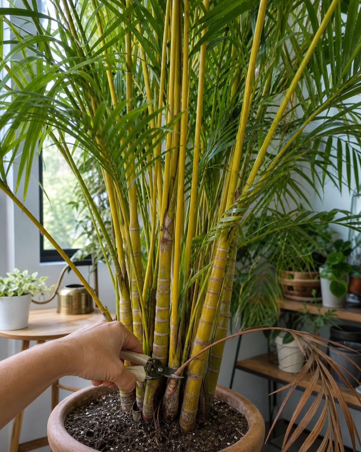 A hand using small clean pruning snips to cut a single fully brown frond at its base near the cane
