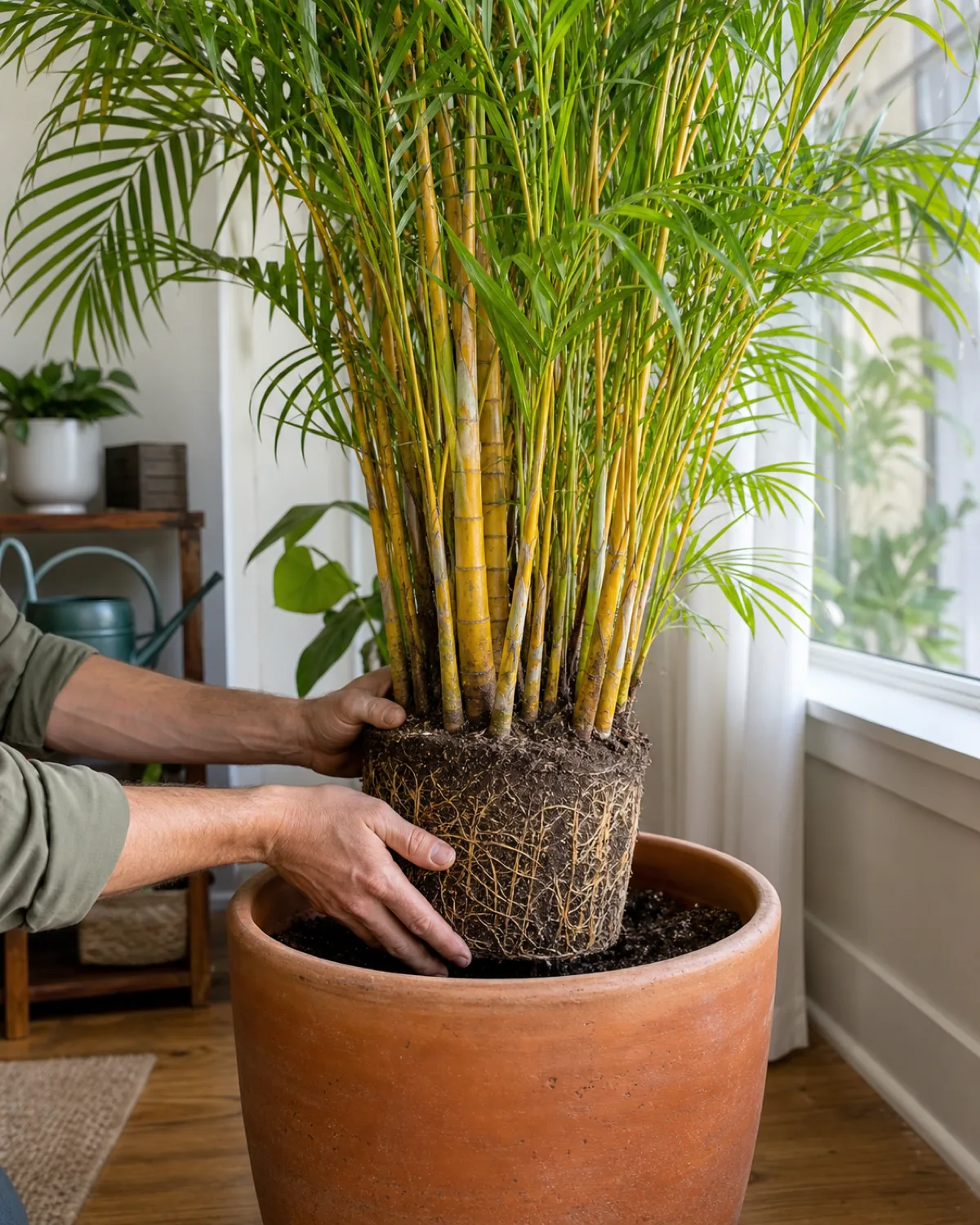 Two hands lowering an areca palm's root ball into a slightly larger heavy ceramic or terracotta pot