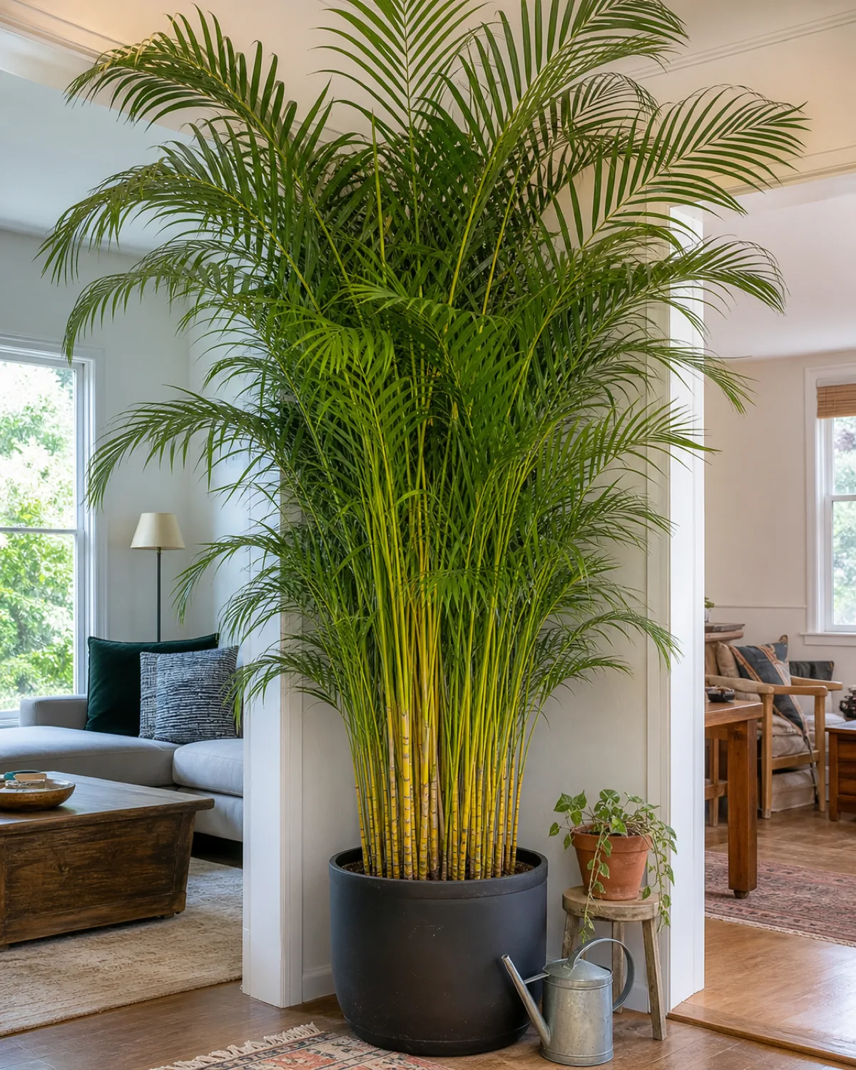 A tall, dense areca palm in a large floor pot positioned between two open living spaces as a natural room divider