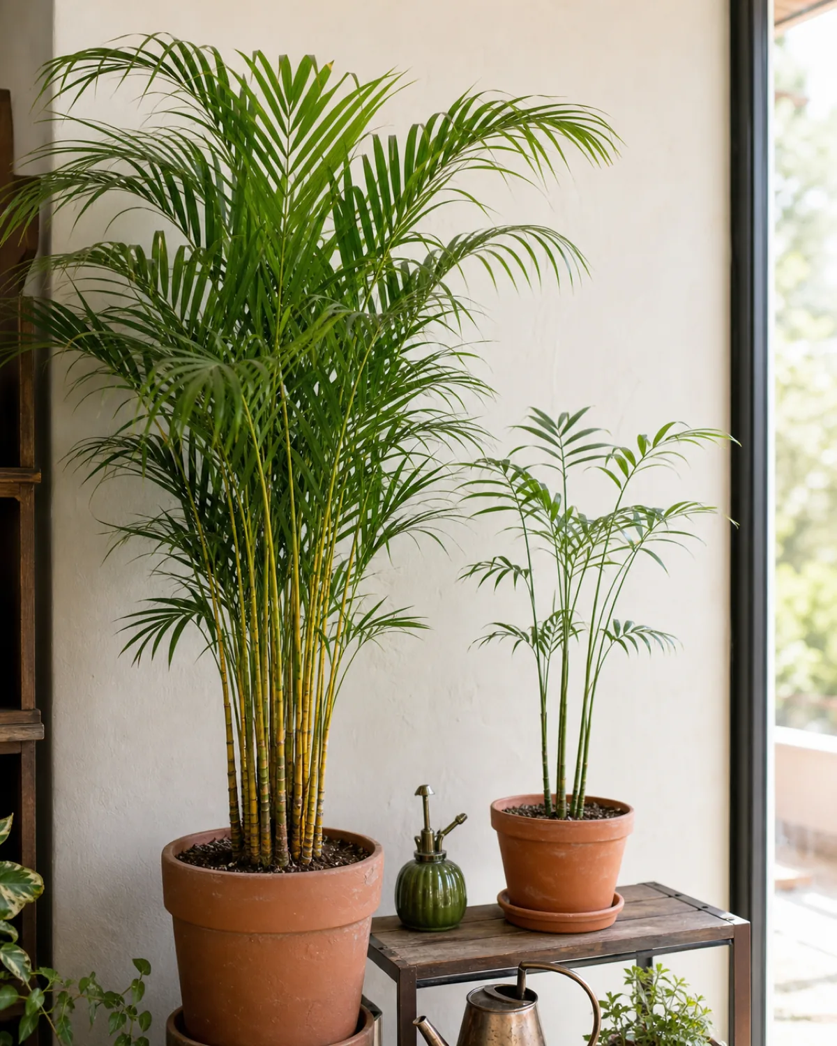 A taller areca palm with dense gold-ringed clustered canes positioned beside a shorter parlor palm with thin non-ringed canes