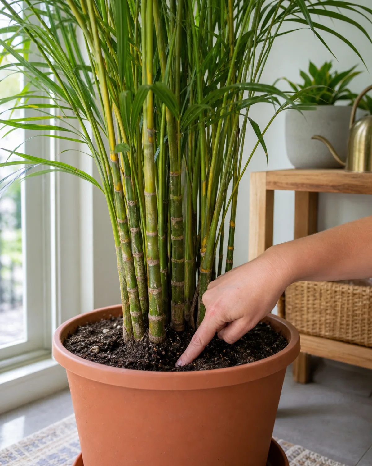 A hand pressing one finger into the top inch of soil in an areca palm's pot to check moisture before watering