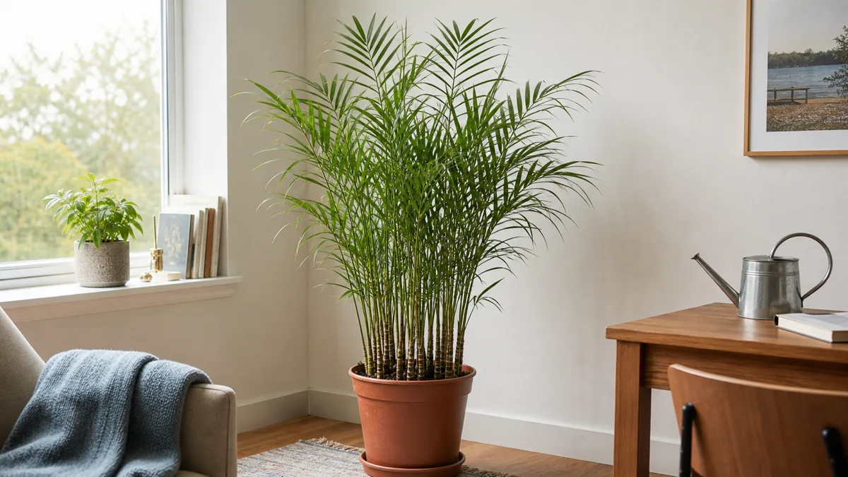 A full, healthy bamboo palm with thin upright ring-banded canes and straighter narrow fronds in a bright living room corner
