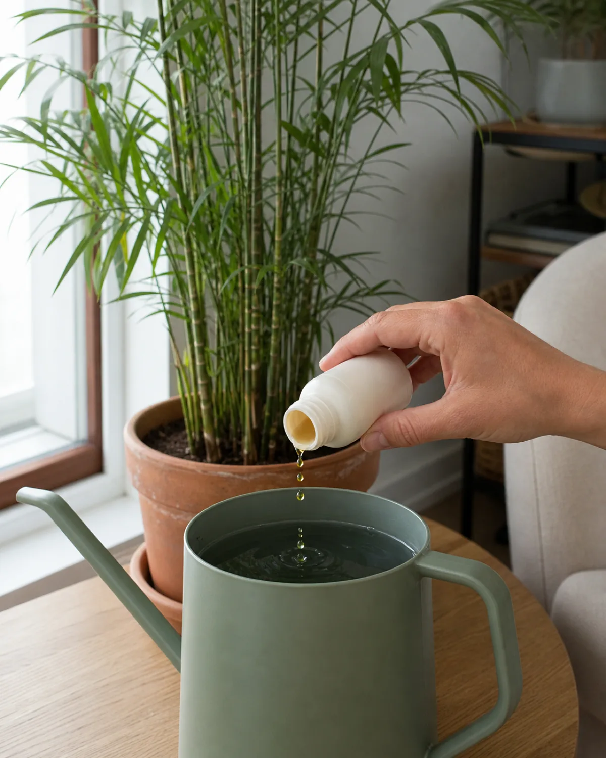 A hand pouring a few drops of liquid fertilizer from a small unbranded bottle into a generic watering can