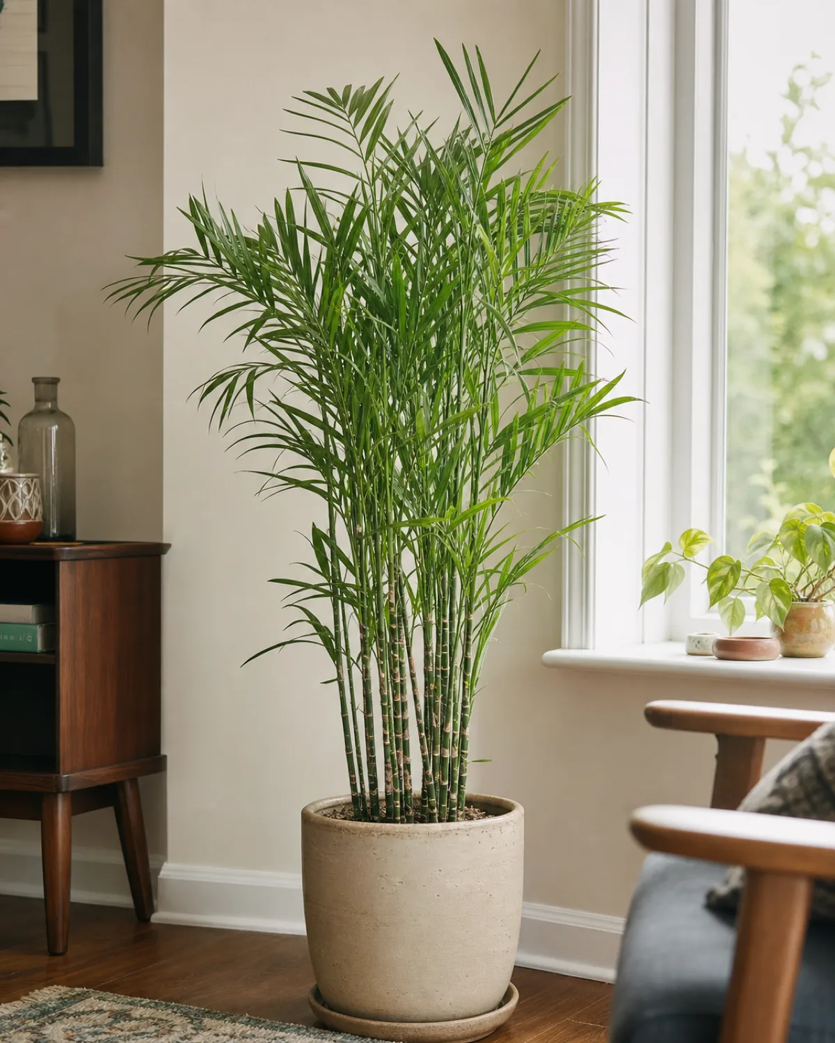A full, bushy mid-size bamboo palm clump around 4 to 6 feet tall in a real living room corner