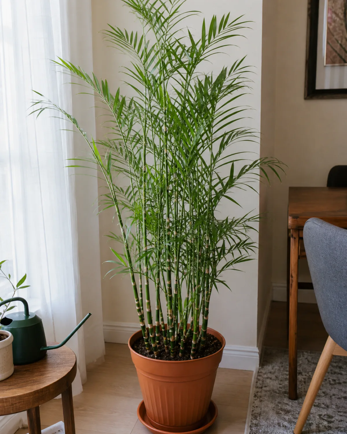 A close full-plant view of a bamboo palm showing its thin upright canes with distinct ring banding and narrower straighter fronds
