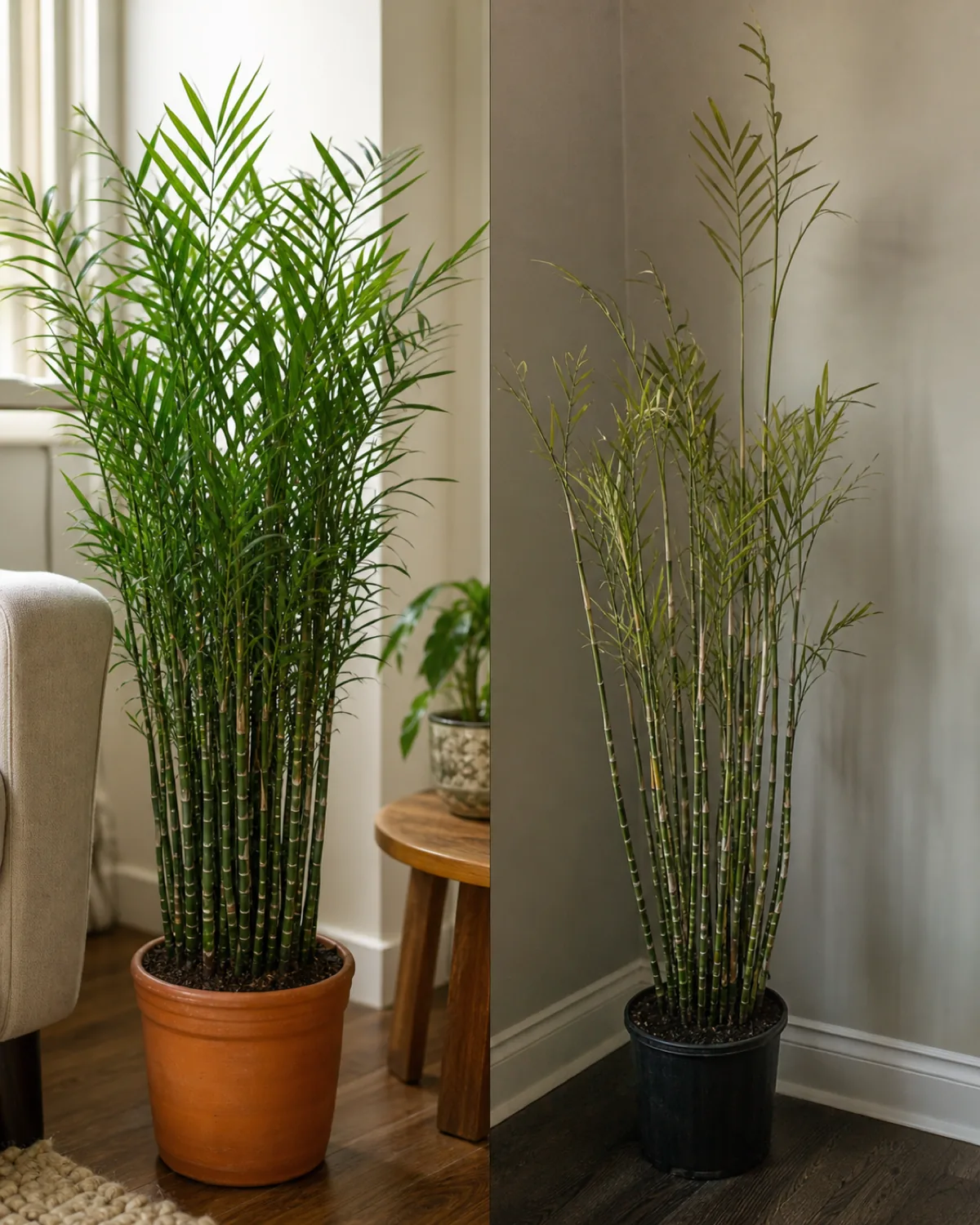 A split scene of the same bamboo palm full and healthy in medium light on one side and thinner and paler in a dim corner on the other