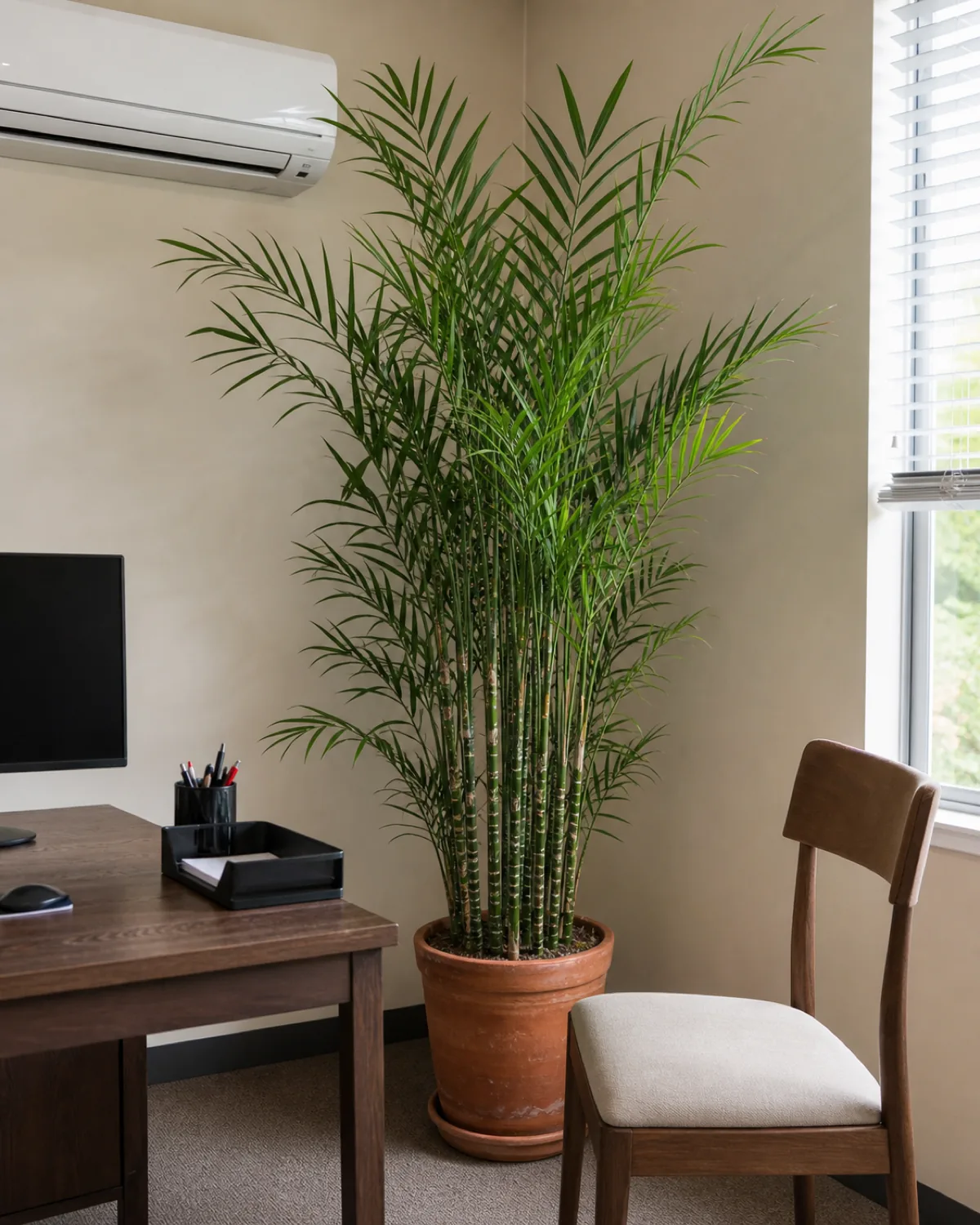A full bamboo palm thriving in a dry air-conditioned office corner near a desk with a wall-mounted A/C unit