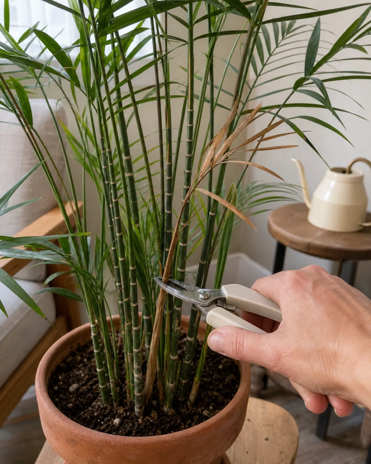 A hand using small clean pruning snips to cut a single fully brown frond at its base near the cane