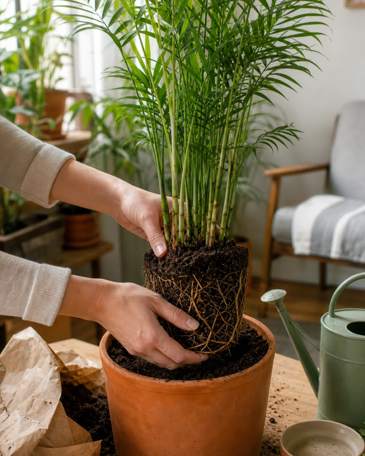Two hands lowering a bamboo palm's root ball into a slightly larger terracotta pot with fresh potting mix visible around the edges