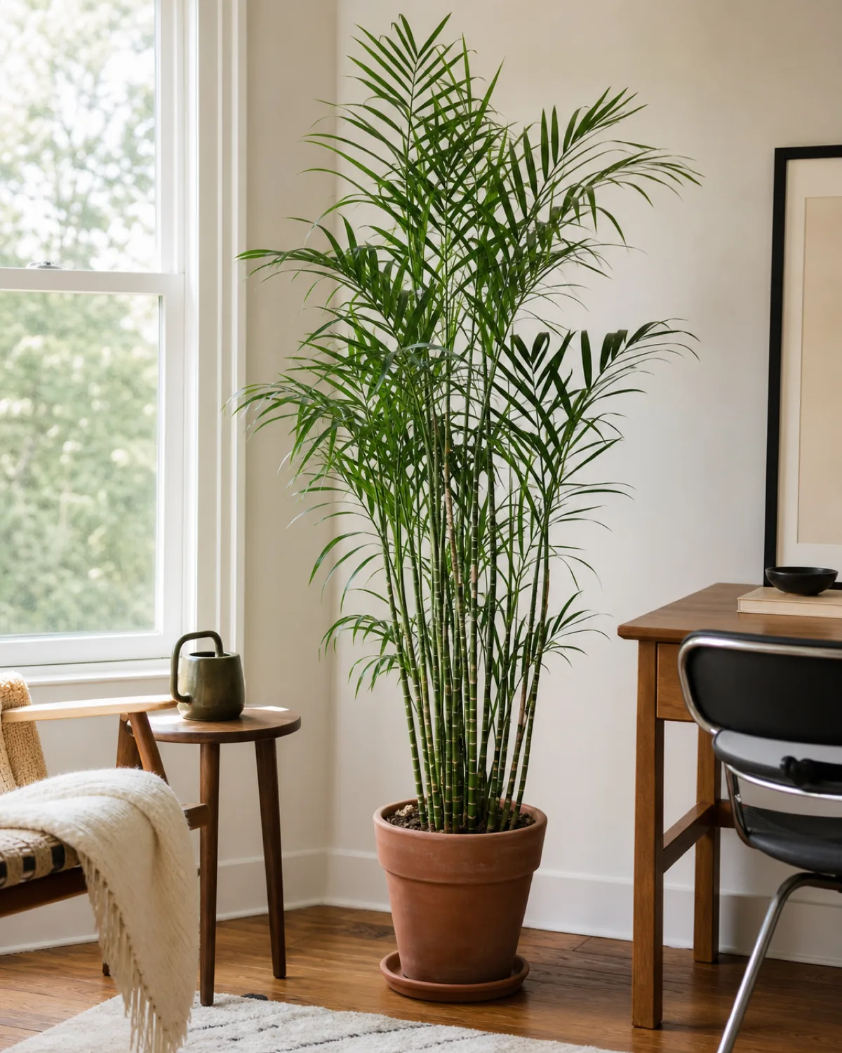 A bamboo palm styled as an air-purifying accent plant beside a desk in a real, calm living room