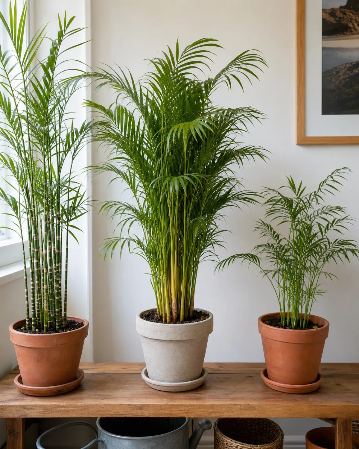 A three-way comparison of bamboo, areca, and parlor palm canes side by side for identification