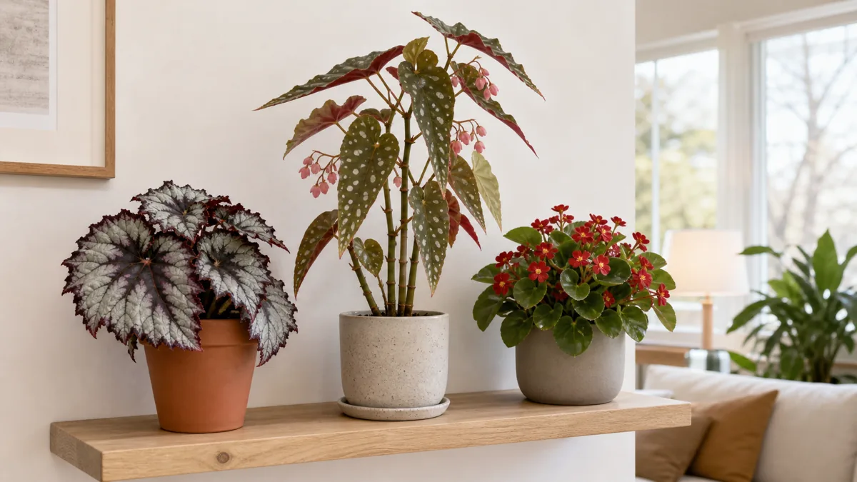 Three begonia types on a wooden shelf near a bright window: a rex begonia with silver-purple spiral leaves, a cane angel wing begonia with polka-dotted leaves and pink flowers, and a compact wax begonia covered in red blooms