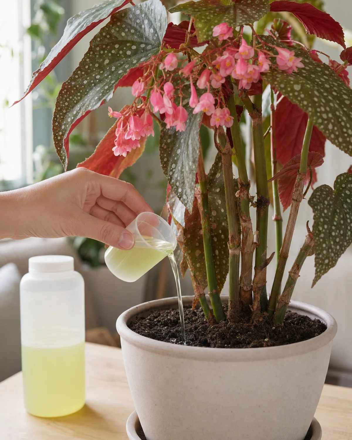 A hand carefully pouring diluted liquid fertilizer onto the soil of a cane begonia, avoiding the spotted leaves, with pink flower clusters visible
