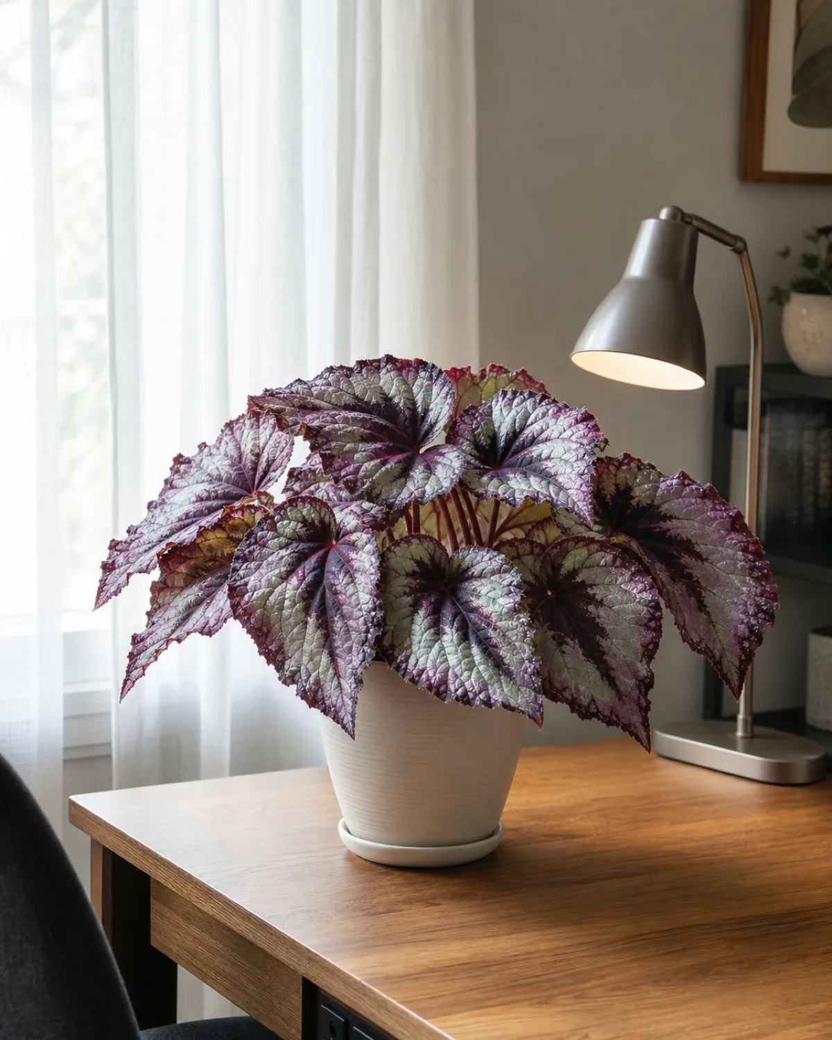 A rex begonia with metallic silver-purple leaves in a cream ceramic pot on a wooden desk near an east-facing window with soft morning light illuminating the leaves