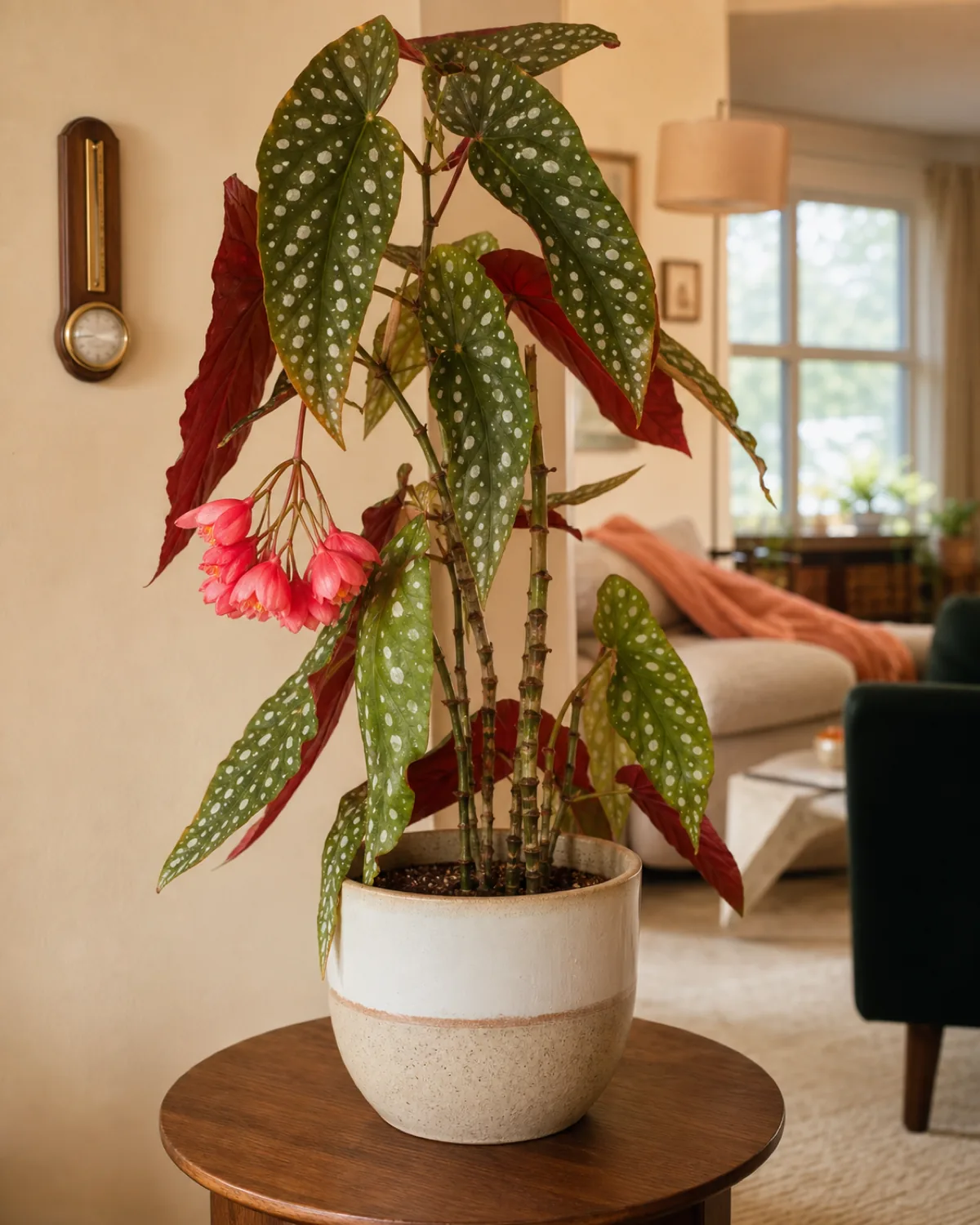 A healthy cane angel wing begonia with polka-dotted leaves and coral flowers on a side table in a warm bright living room away from windows