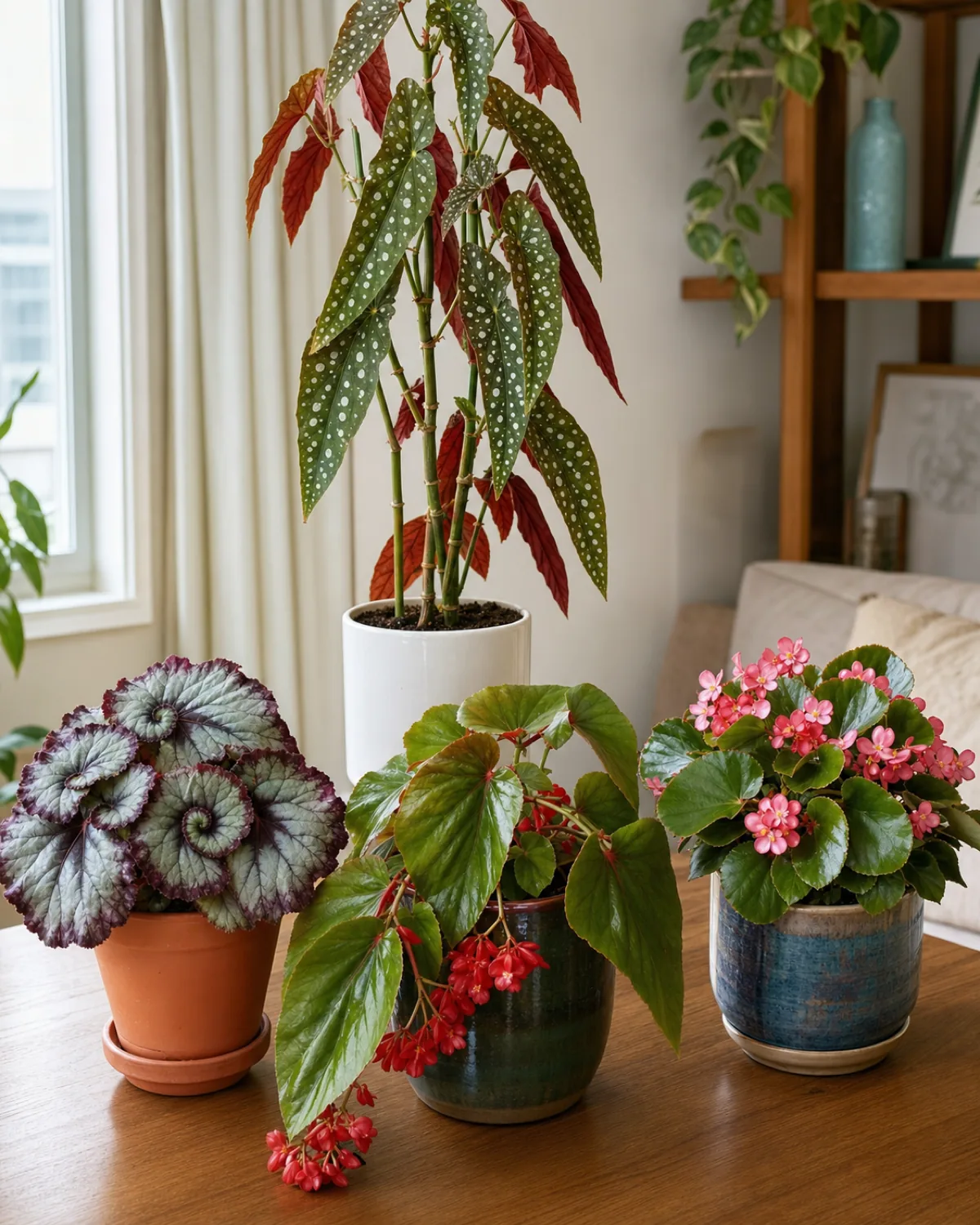 Four begonia varieties arranged together for comparison: Rex Escargot with silver spiral, Begonia maculata with polka dots, Dragon Wing with cascading red flowers, and compact wax begonia in pink bloom