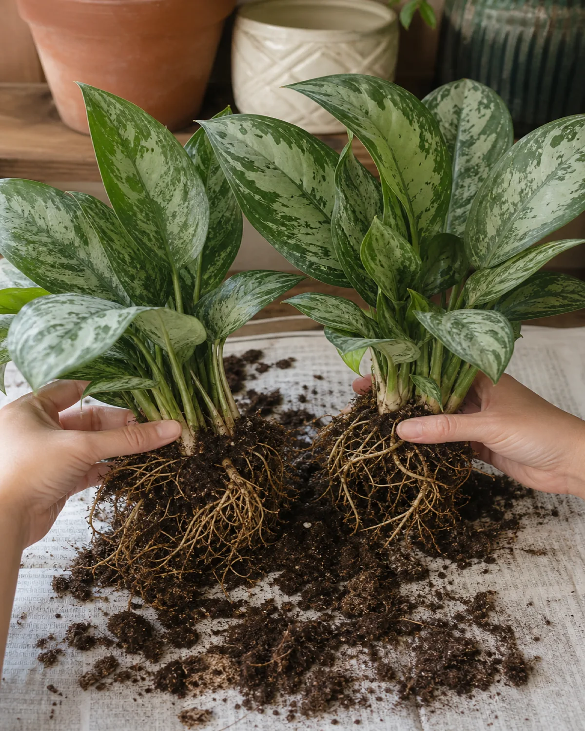 Two hands gently separating a Chinese evergreen clump into two sections during repotting, each showing its own root system