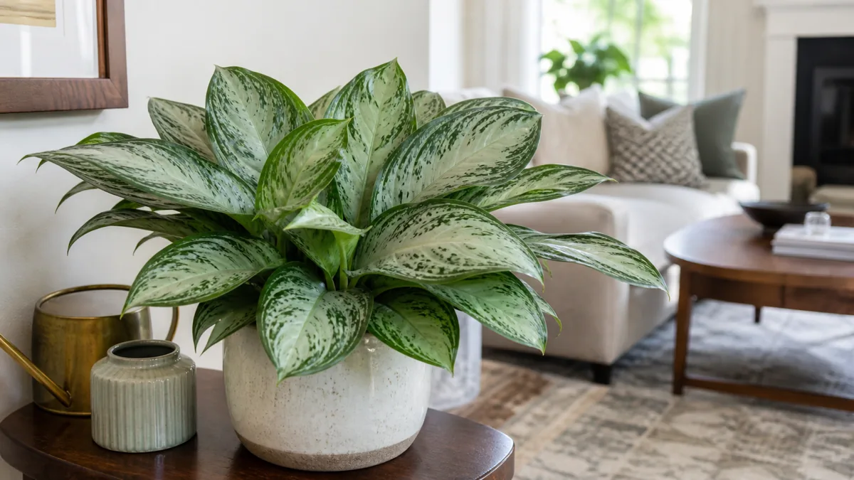 A lush, healthy Chinese evergreen with large oval silver-green variegated leaves in a ceramic pot on a side table in a bright living room