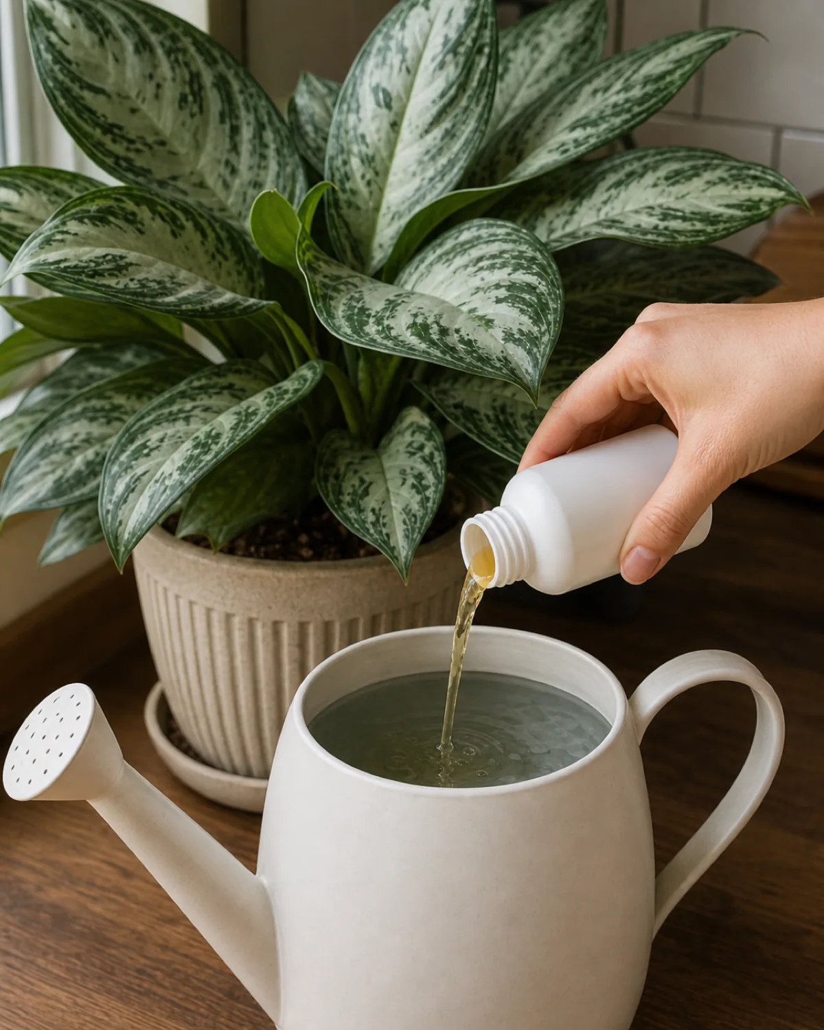 A hand pouring a measured amount of liquid fertilizer into a watering can with a Chinese evergreen in the background
