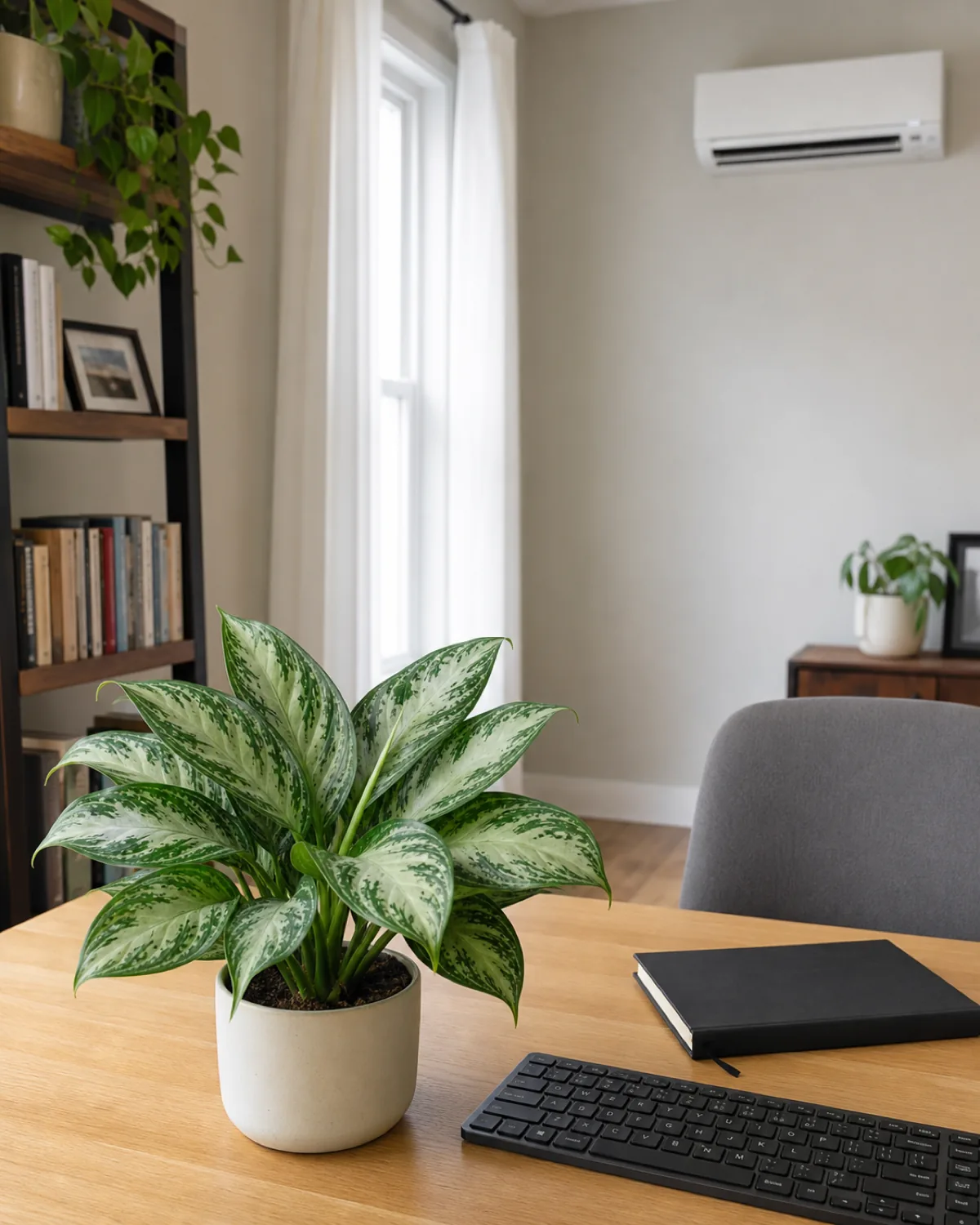 A healthy Chinese evergreen on an office desk positioned away from a wall-mounted air conditioning vent