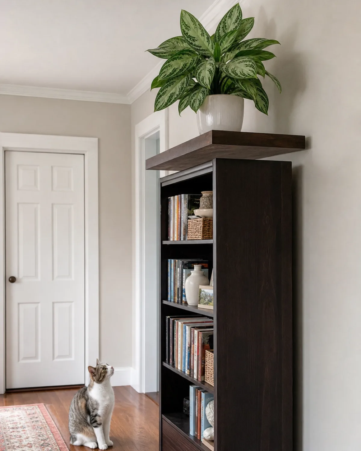 A Chinese evergreen on a high shelf out of reach with a cat visible on the floor below