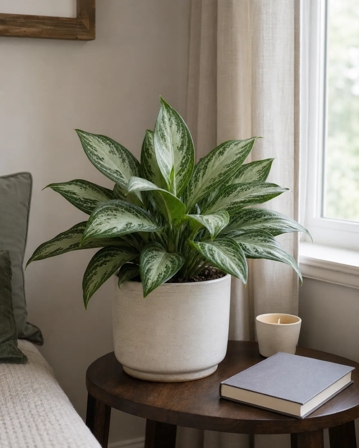 A healthy green Chinese evergreen in a ceramic pot on a low side table beside a window with gentle indirect light
