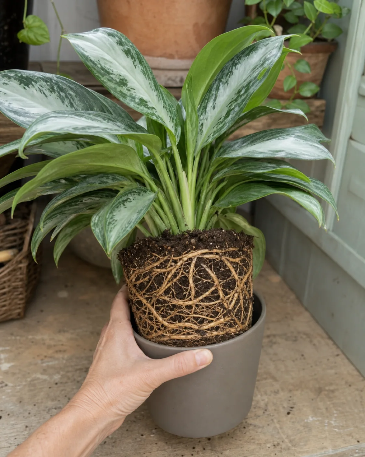 A Chinese evergreen being tilted out of its pot, revealing a compact rootball with roots circling visibly at the edges