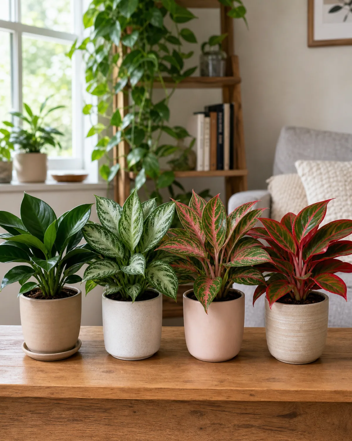 Four popular aglaonema varieties lined up showing the color spectrum from deep green to silver to pink to red