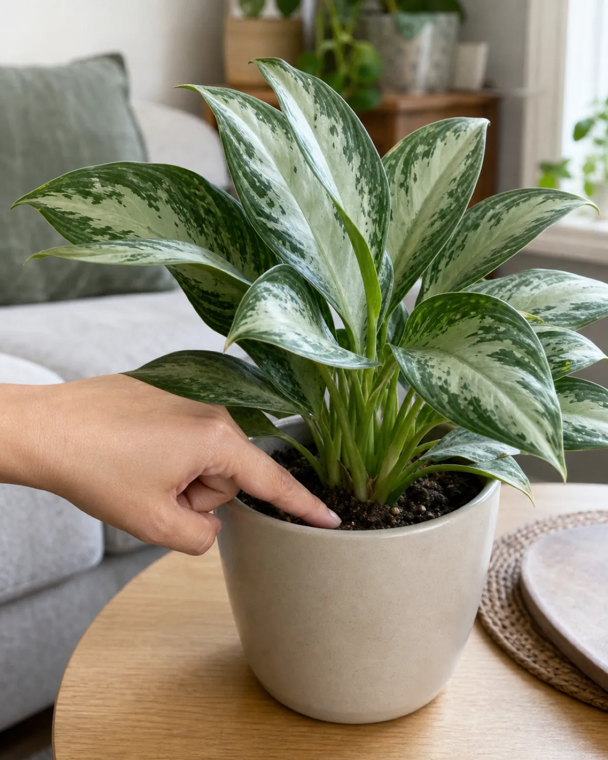 A hand pressing one finger into the top inch of soil in a Chinese evergreen's pot to check moisture before watering