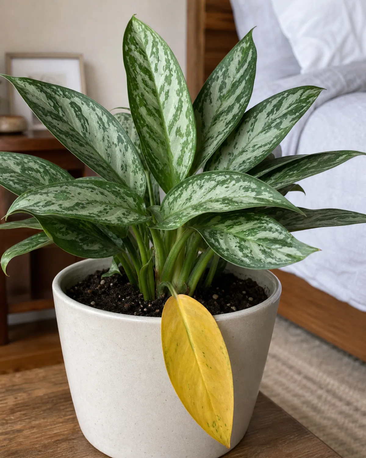 A Chinese evergreen with one lower leaf turned fully yellow while upper leaves remain healthy green with silver variegation
