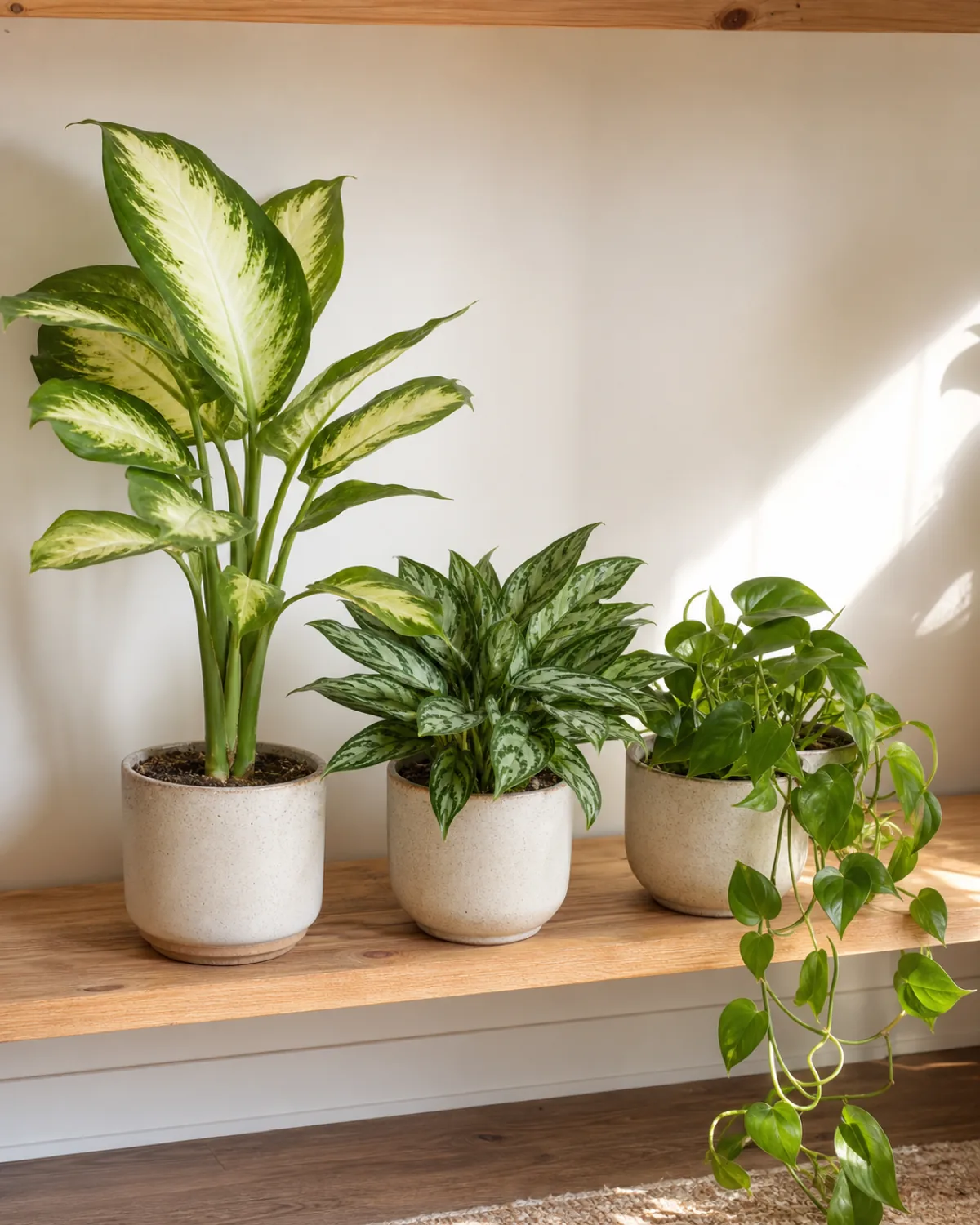 Three tropical houseplants arranged on a bright wooden shelf for comparison: Dieffenbachia Camille with large cream-centered leaves, Chinese evergreen with smaller silver-green leaves, and Philodendron with heart-shaped trailing leaves