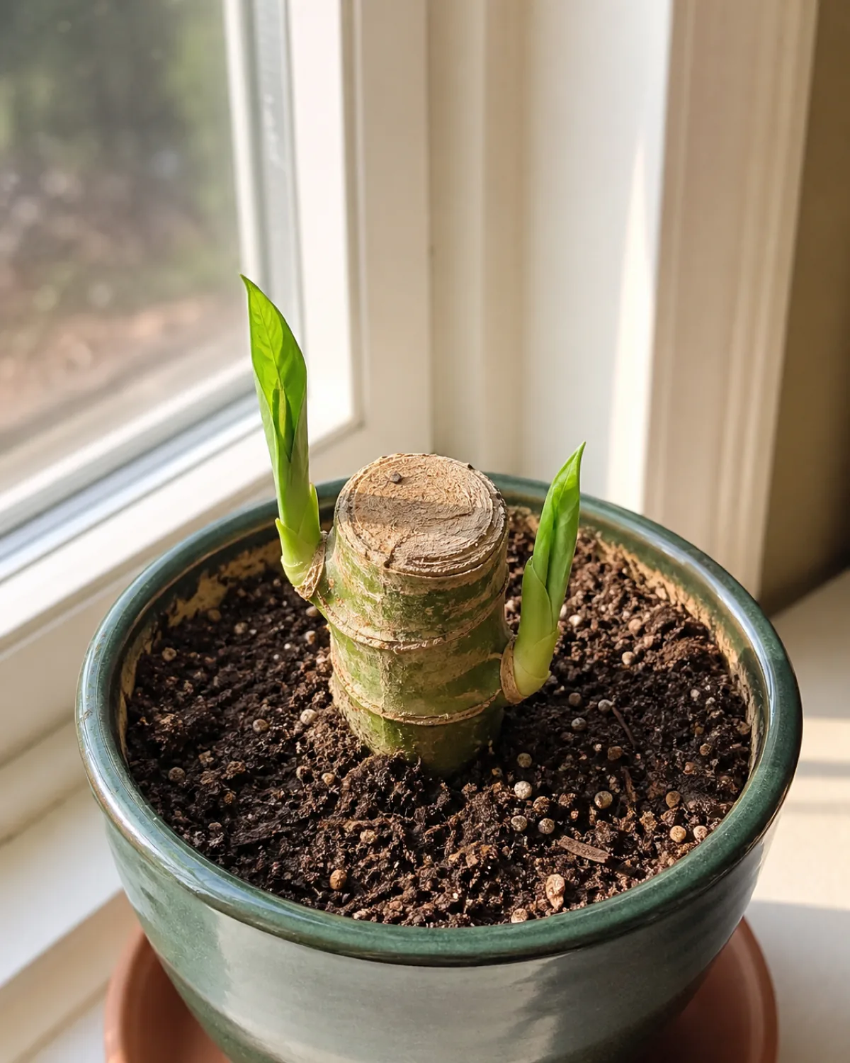 A dieffenbachia cut back to about 6 inches above soil level with two fresh green sprouts emerging from the stump showing successful rejuvenation in a bright windowsill setting