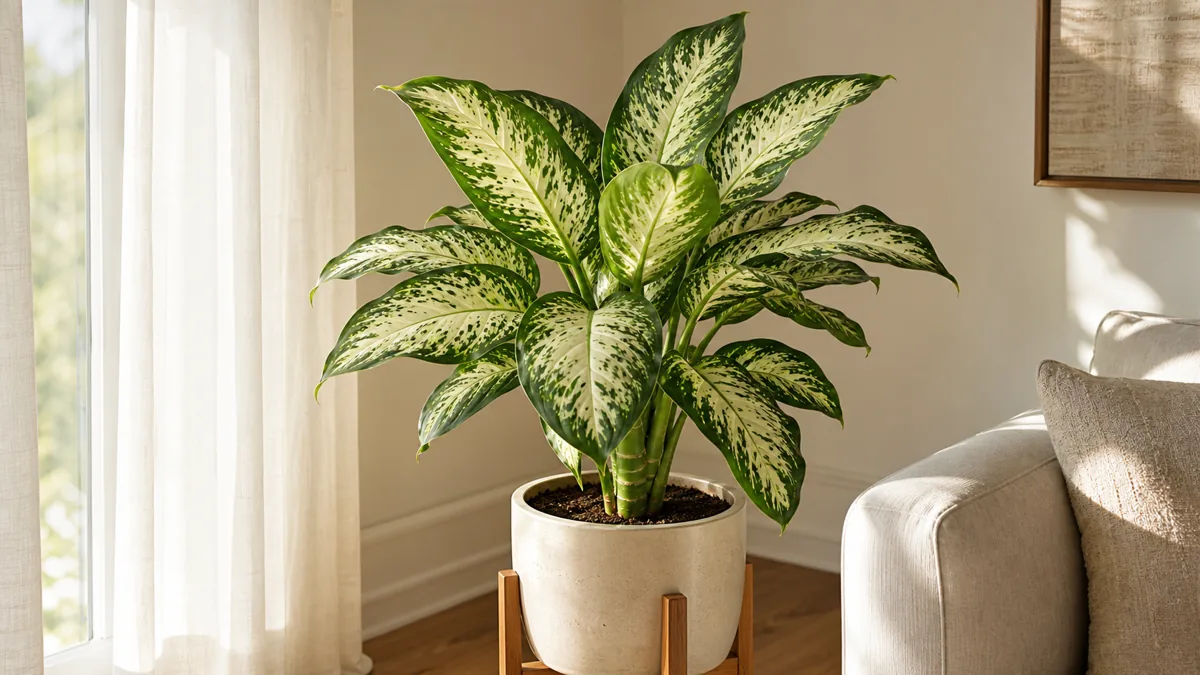 A large healthy Dieffenbachia Tropic Snow with dramatic cream-and-green variegated leaves in a cream ceramic pot on a wooden plant stand in a bright living room corner