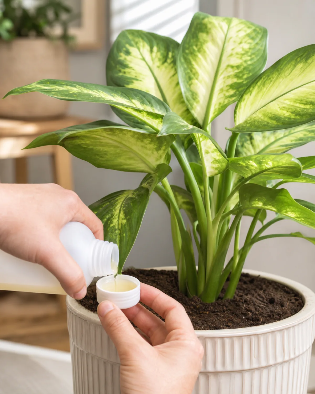 A hand measuring liquid fertilizer from a bottle into the cap over a healthy potted dieffenbachia with vigorous growth and several large new leaves in bright indoor light