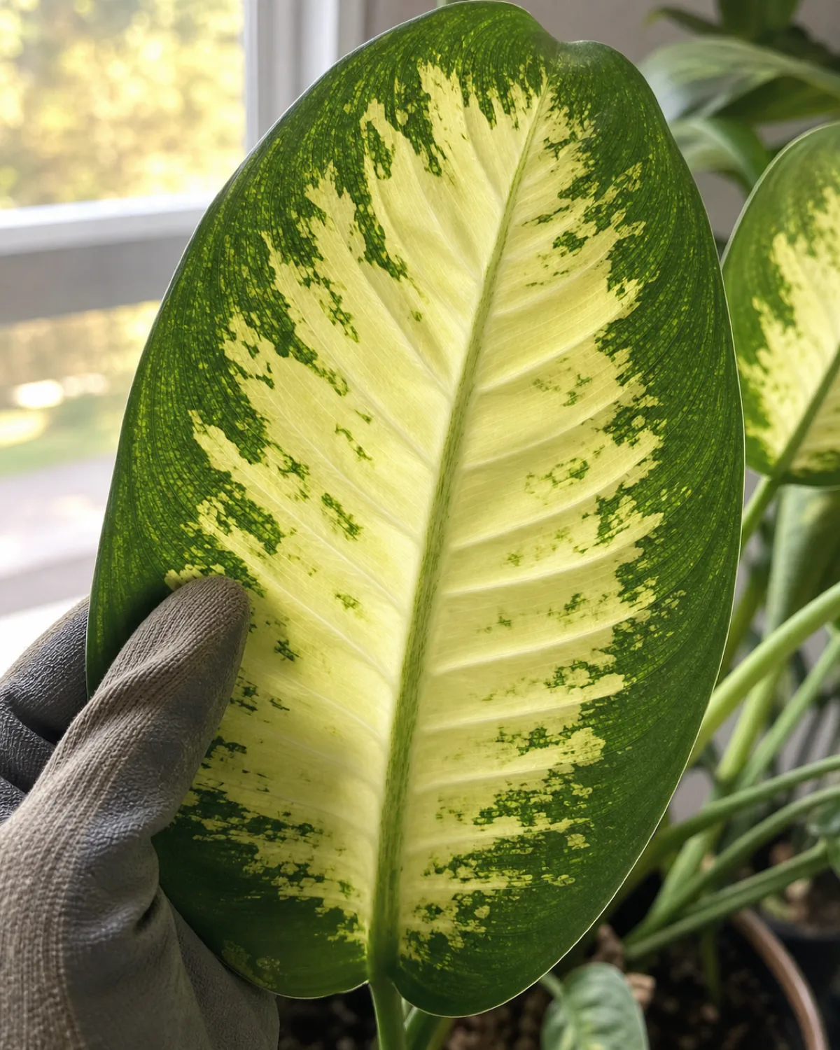 Close-up of a large Dieffenbachia leaf held by a gloved hand showing dramatic cream-and-green variegation with visible vein patterns backlit by window light