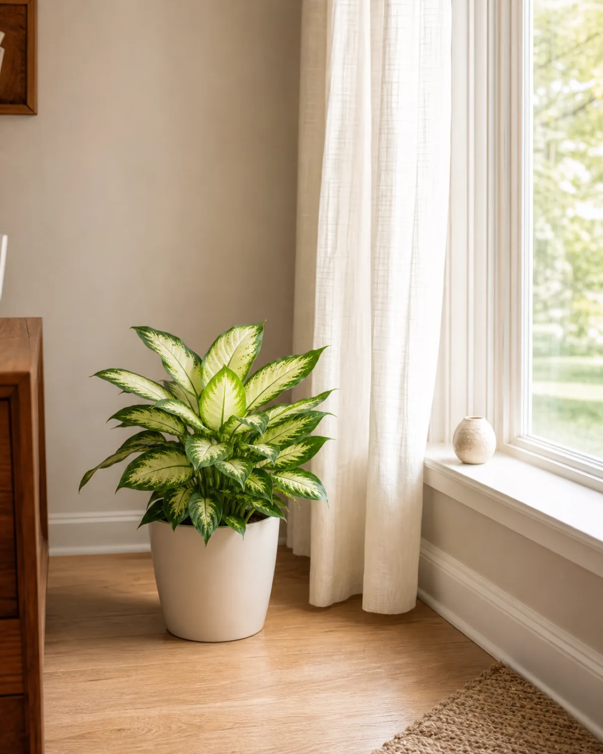 A Dieffenbachia Camille positioned near a bright window with sheer curtains showing vivid cream-centered leaves with thin green margins in ideal bright indirect light