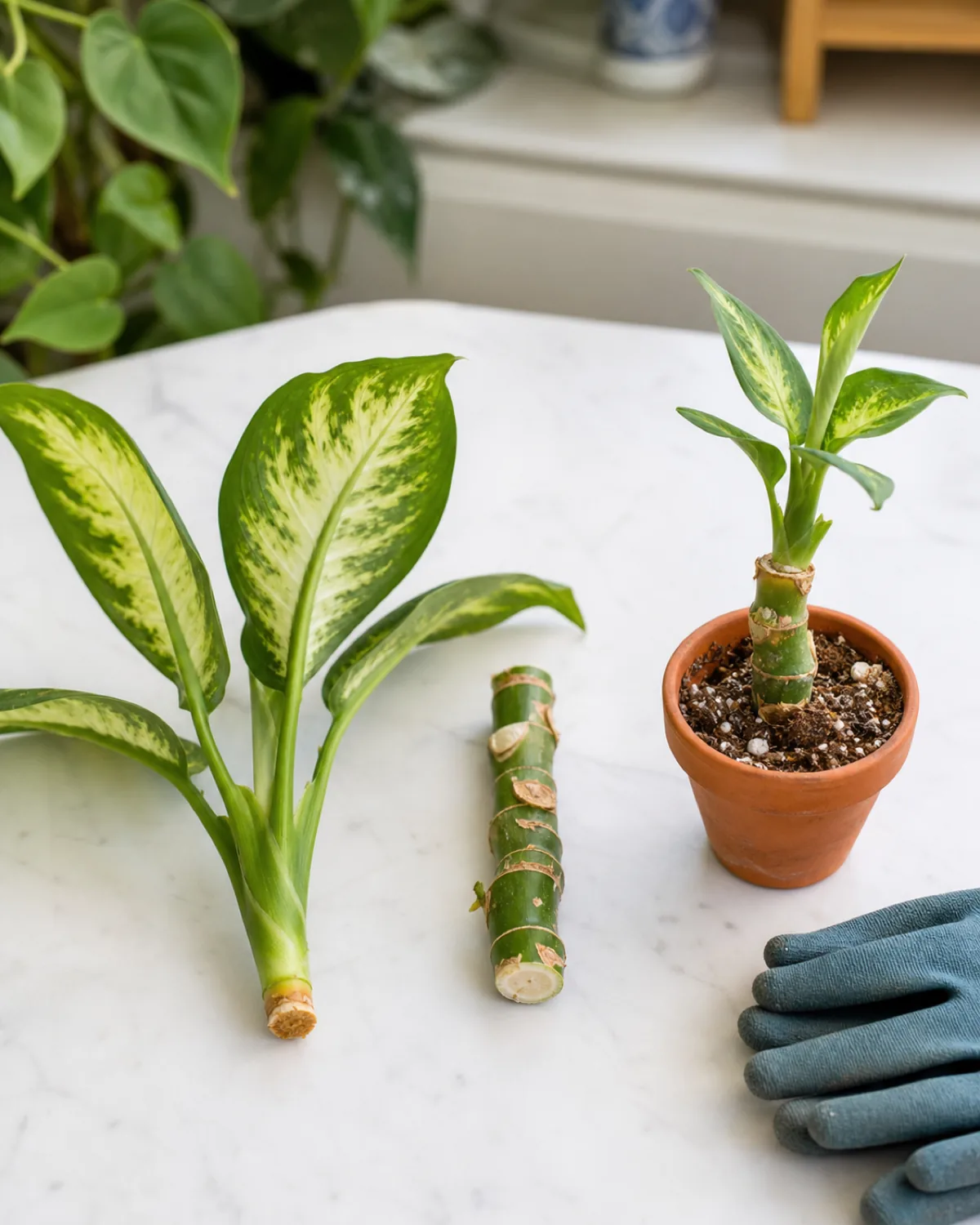 Three stages of dieffenbachia propagation on a bright work surface: a top crown cutting with leaves, a bare cane section with nodes, and a small pot with new growth emerging from a rooted cutting