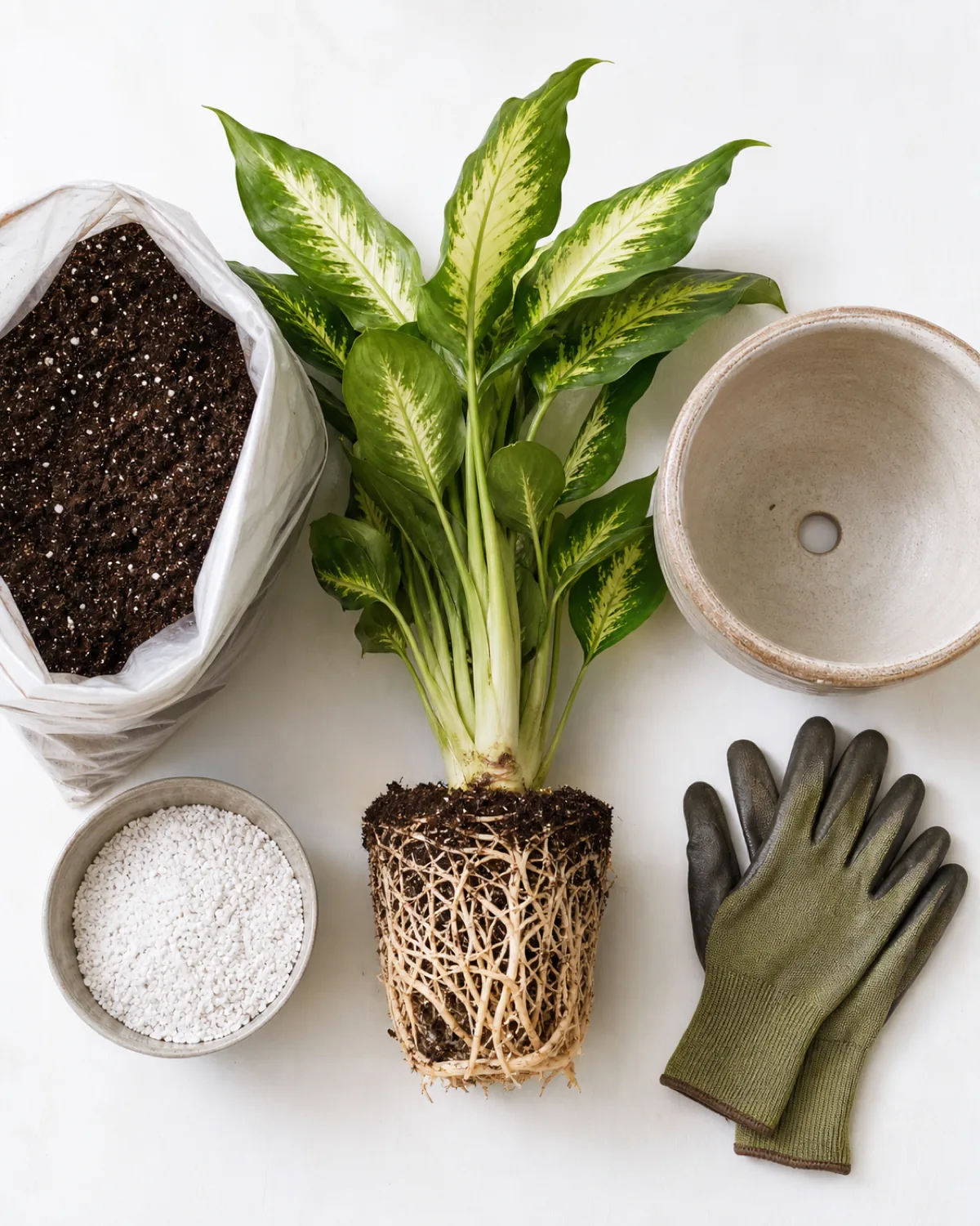 Top-down flat lay of dieffenbachia repotting supplies: root ball with white roots, potting soil, perlite, ceramic pot with drainage hole, and gardening gloves on a clean surface