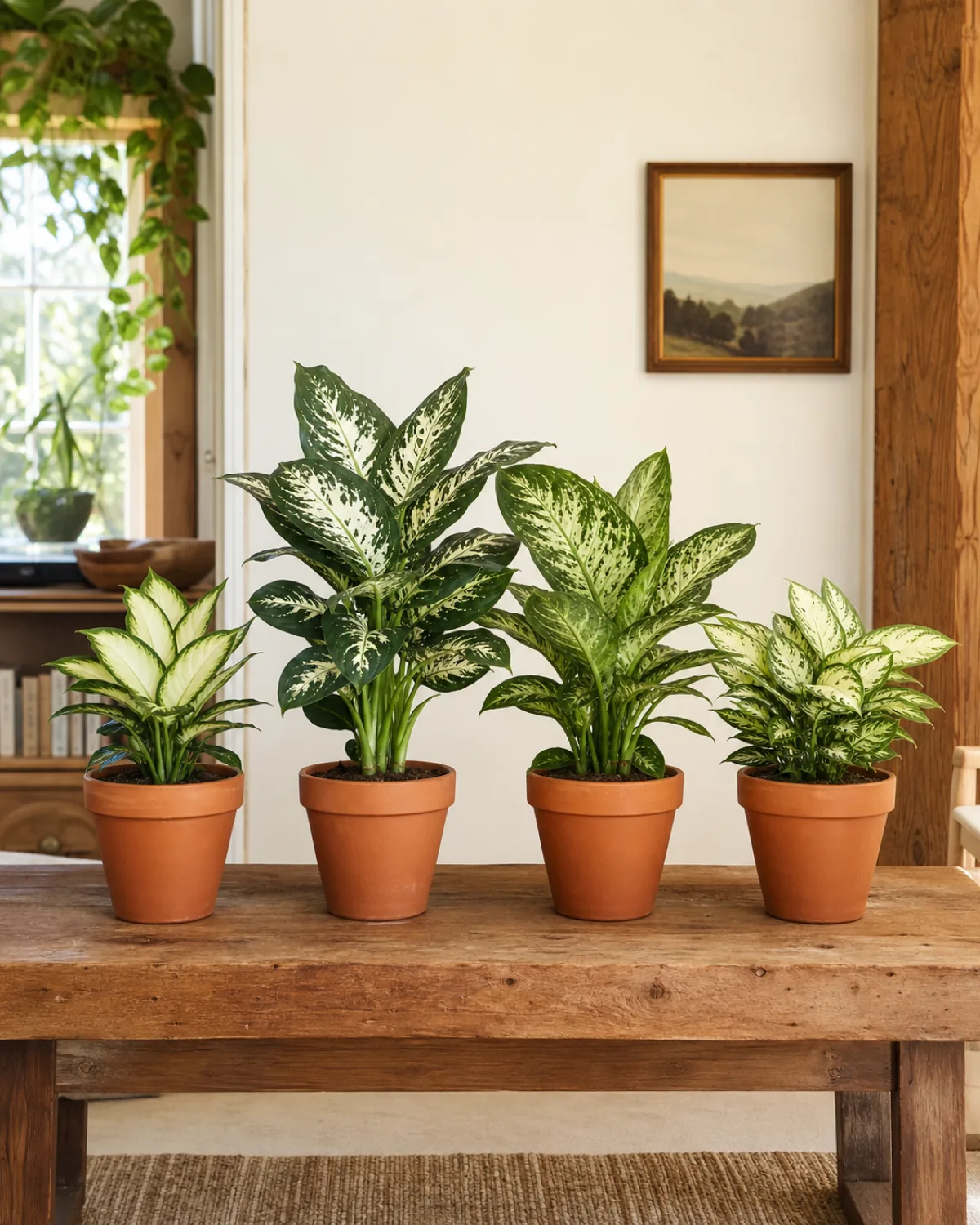 Four popular dieffenbachia cultivars in terracotta pots arranged in a row showing diversity: Camille compact cream center, Tropic Snow large bold blotches, seguine classic splash, and Compacta small bushy