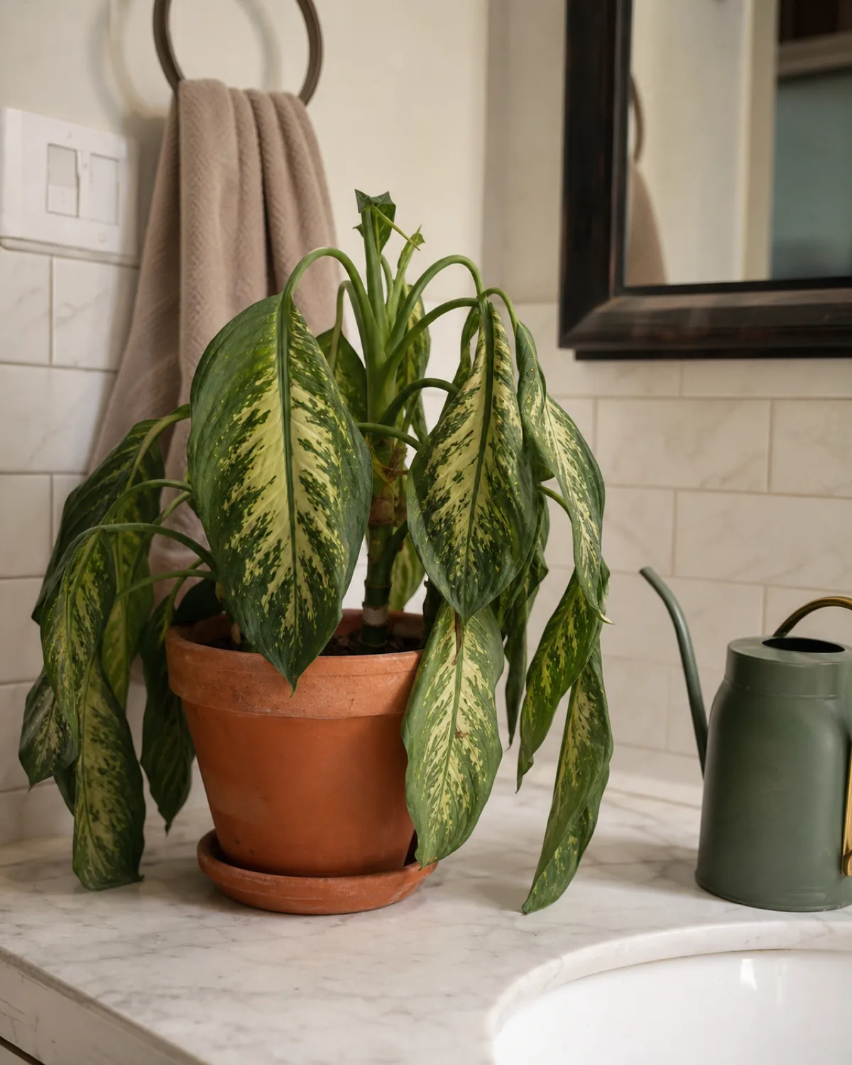 A dieffenbachia with visibly drooping large leaves showing the dramatic wilt signal in a terracotta pot with a watering can nearby