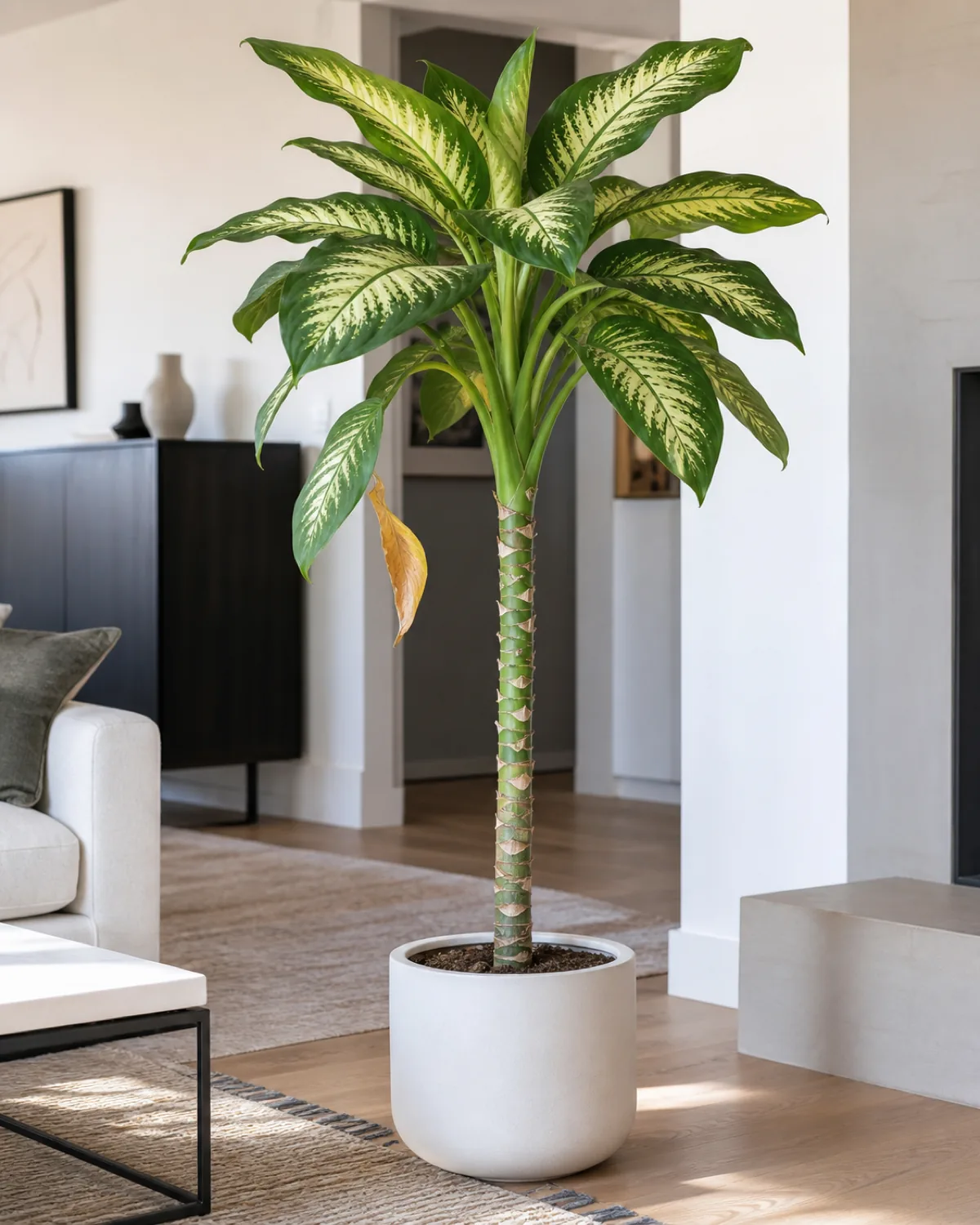 A mature dieffenbachia showing the natural palm tree growth pattern with bare thick cane below and one yellowing bottom leaf while healthy variegated leaves crown the top