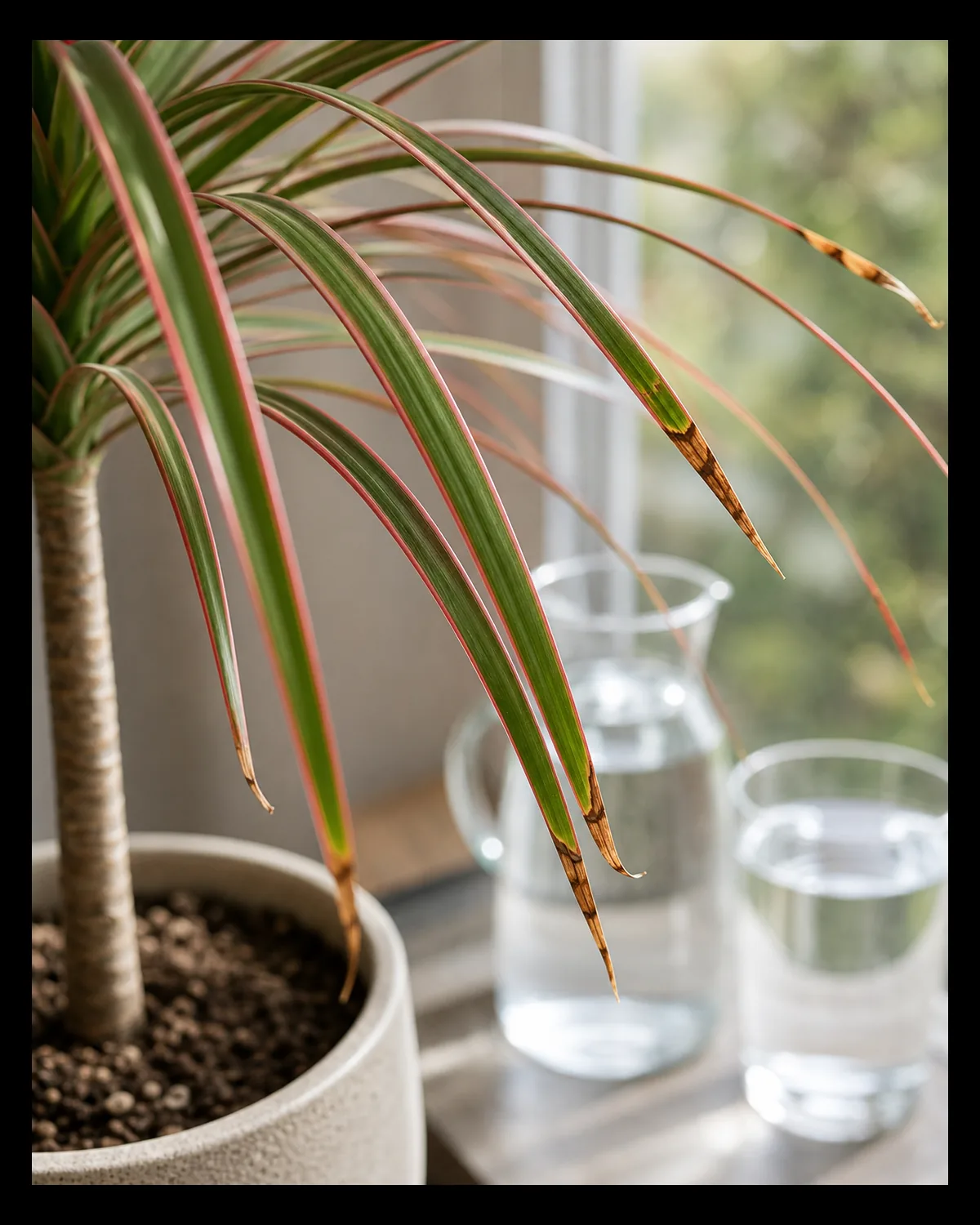 A macro closeup of several dracaena marginata leaf tips showing crisp brown dried edges while the rest of each thin red margined leaf stays healthy green arranged near a glass jug of clear filtered water and a plain drinking glass of tap water on a windowsill