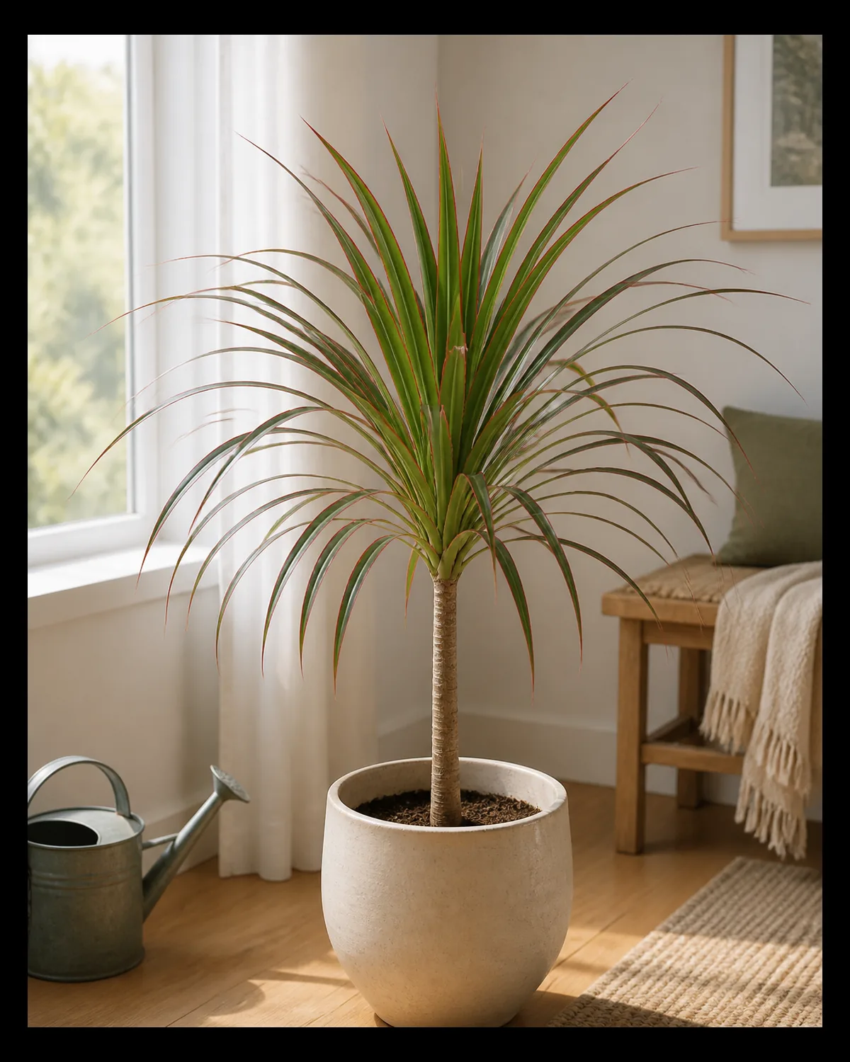 A healthy dracaena marginata with a full woody cane and lush arching red margined leaf spray standing in a plainly dry looking indoor room with no humidifier or mister in sight and a small watering can resting nearby instead